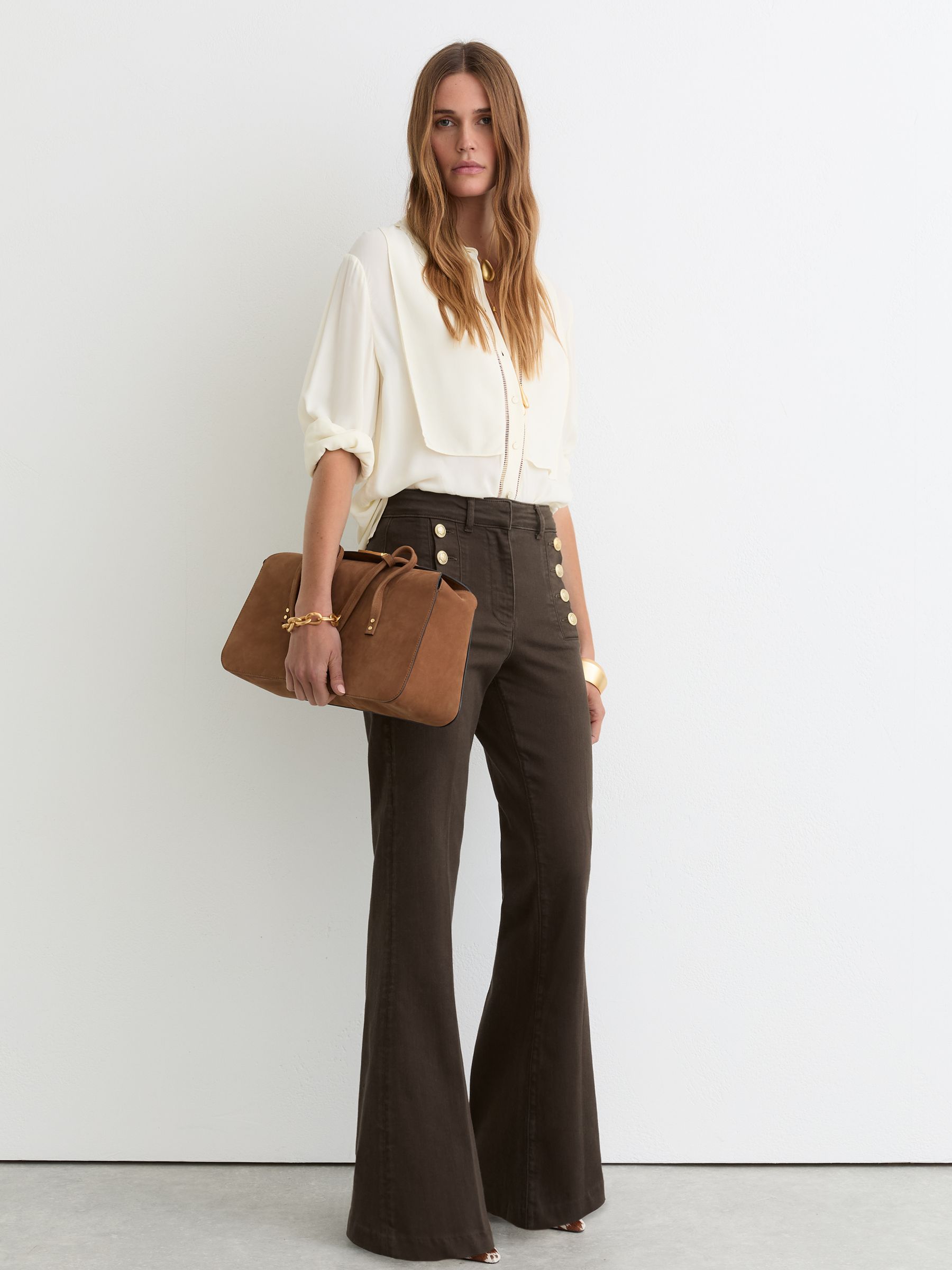 Button-Detail High-Rise Flared Jeans in Khaki Green - image 2