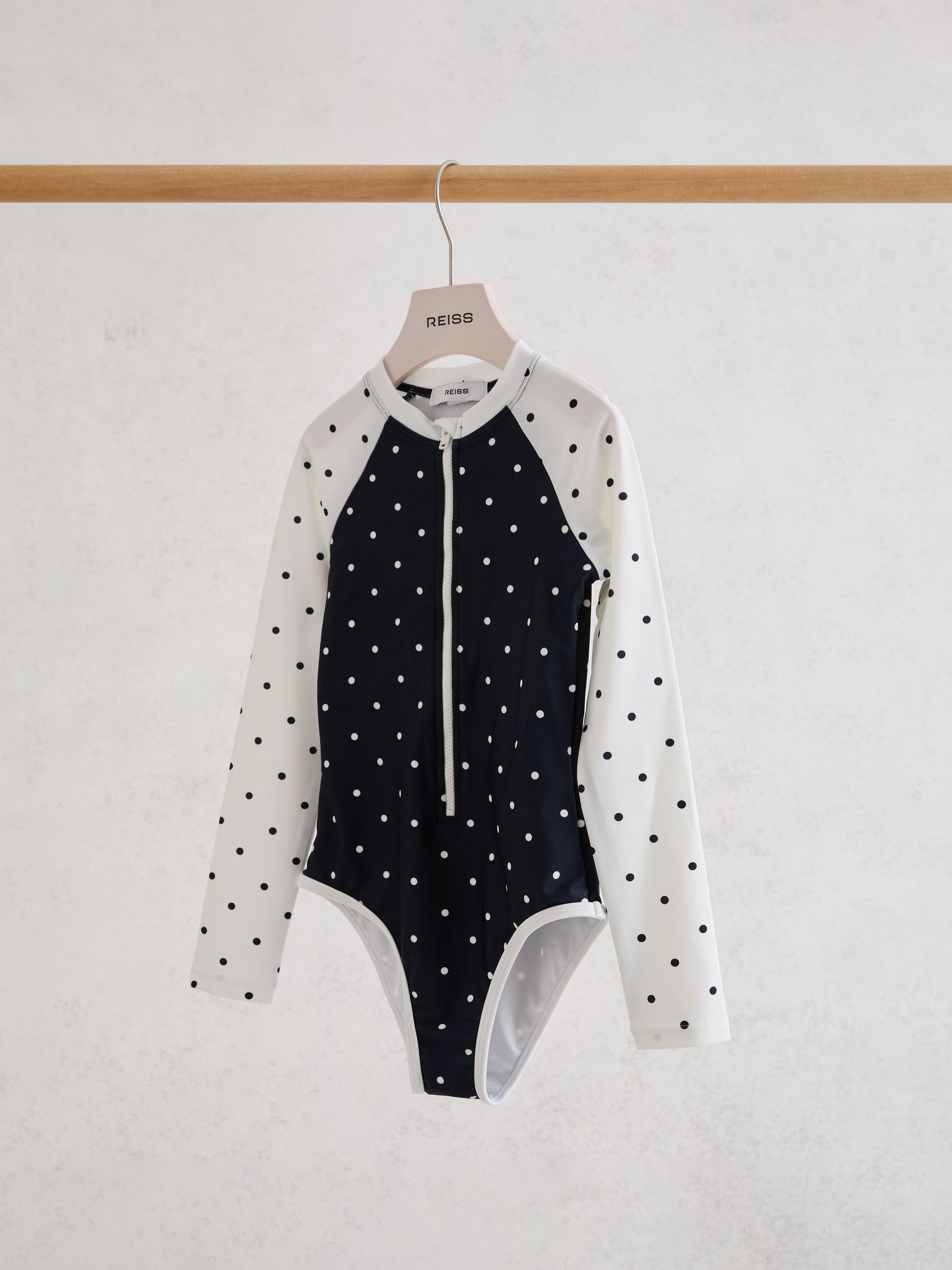 13-14 yrs Polka-Dot Long-Sleeve Swimsuit in Navy/Ivory - Image 2 of 3
