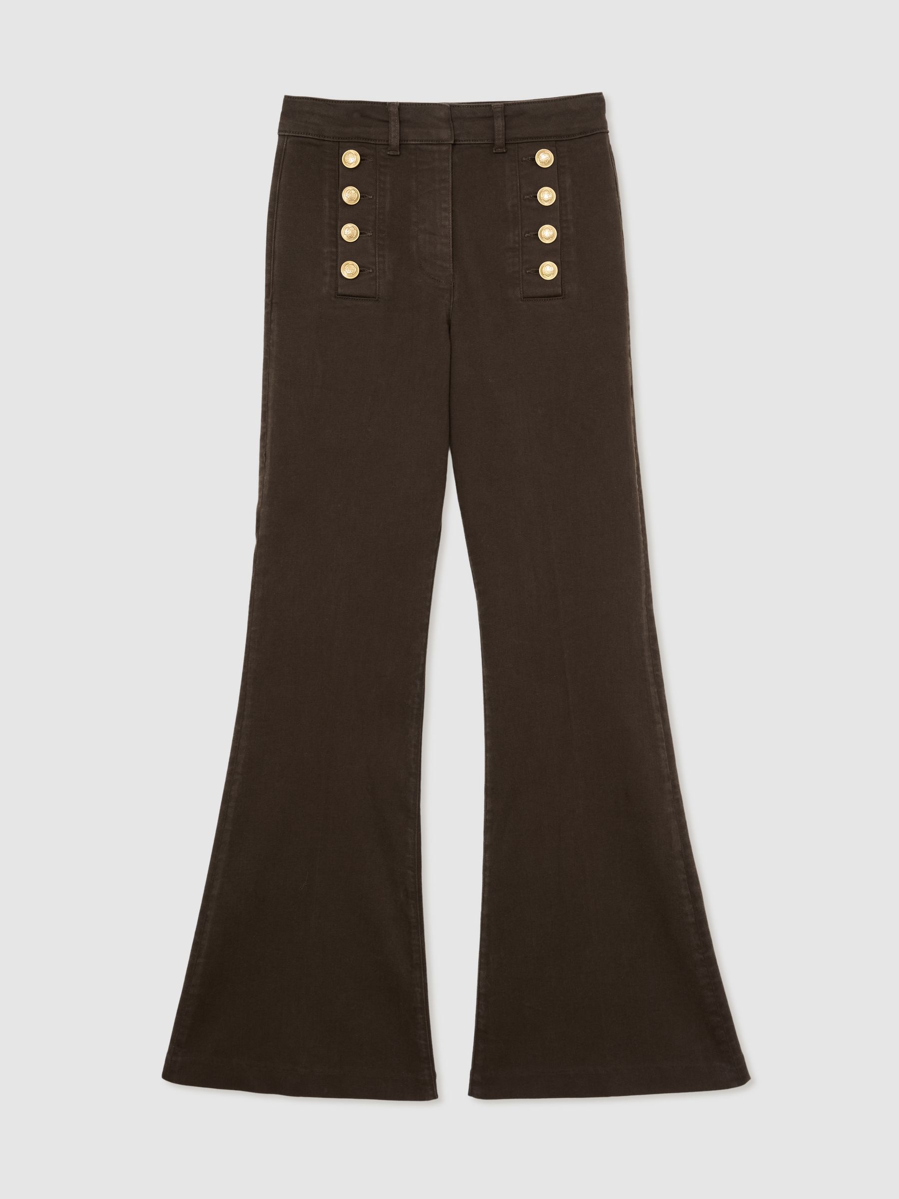 Petite Button-Detail Flared Jeans in Khaki Green - Image 2 of 7