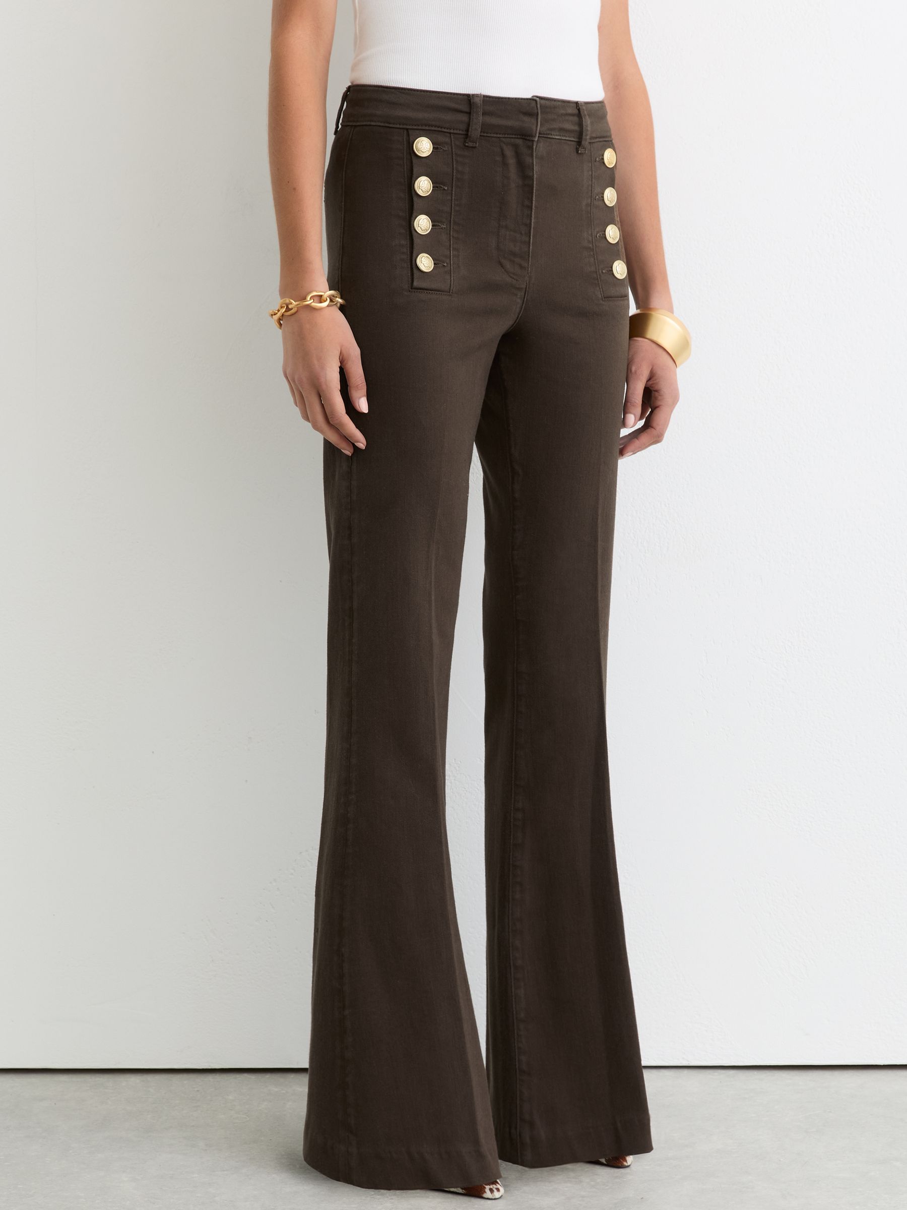 Petite Button-Detail Flared Jeans in Khaki Green - Image 4 of 7