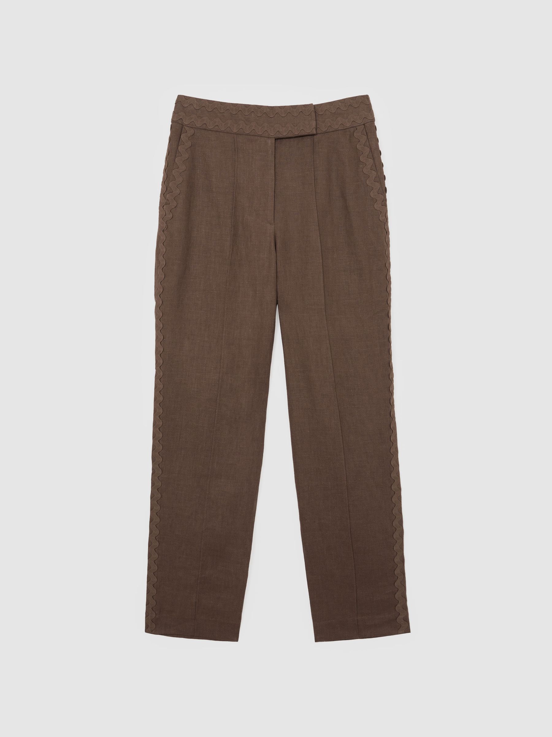 Petite Linen Wave-Trim Tapered Trousers in Brown - image 1