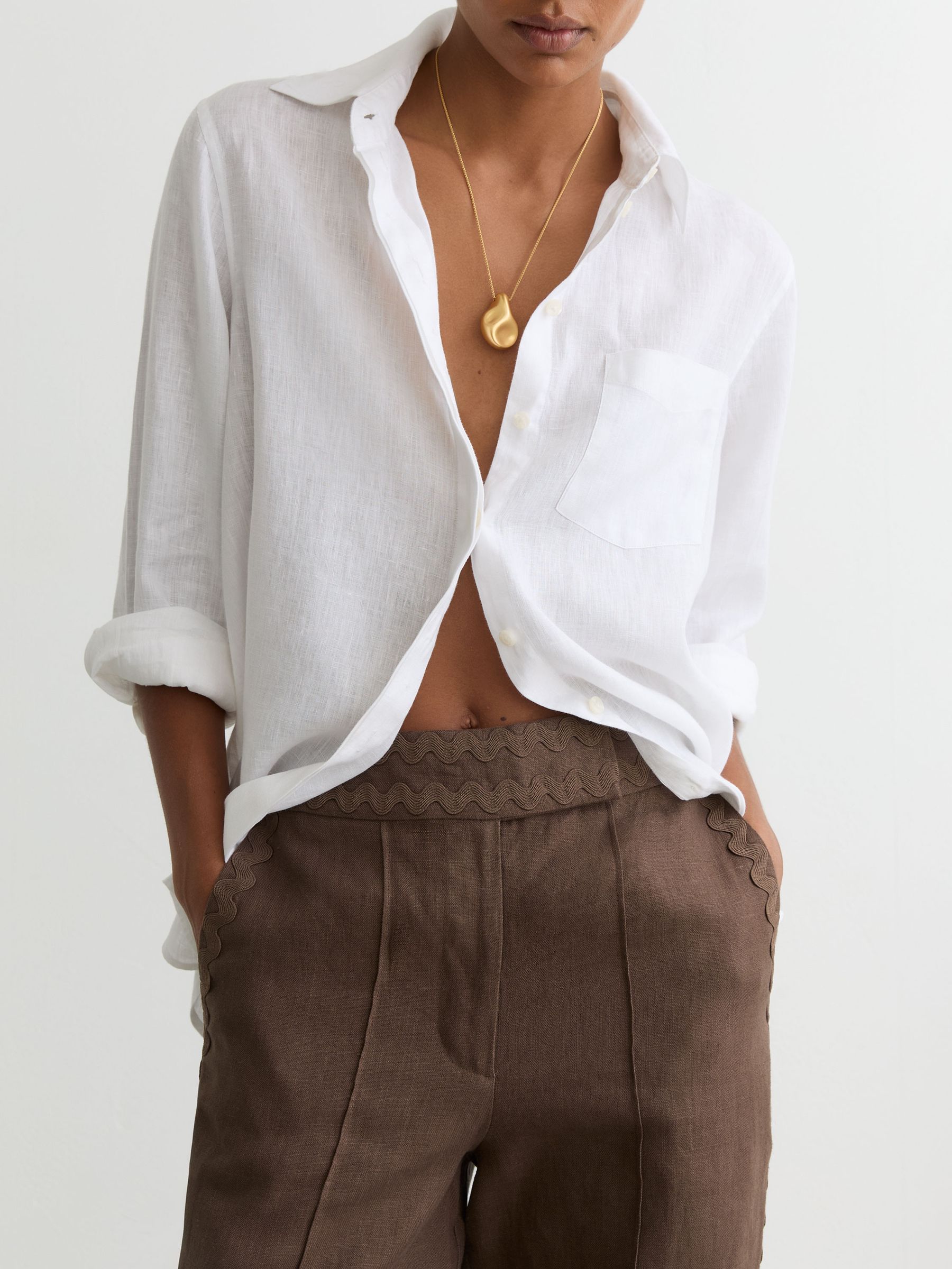 Petite Linen Wave-Trim Tapered Trousers in Brown - Image 3 of 8
