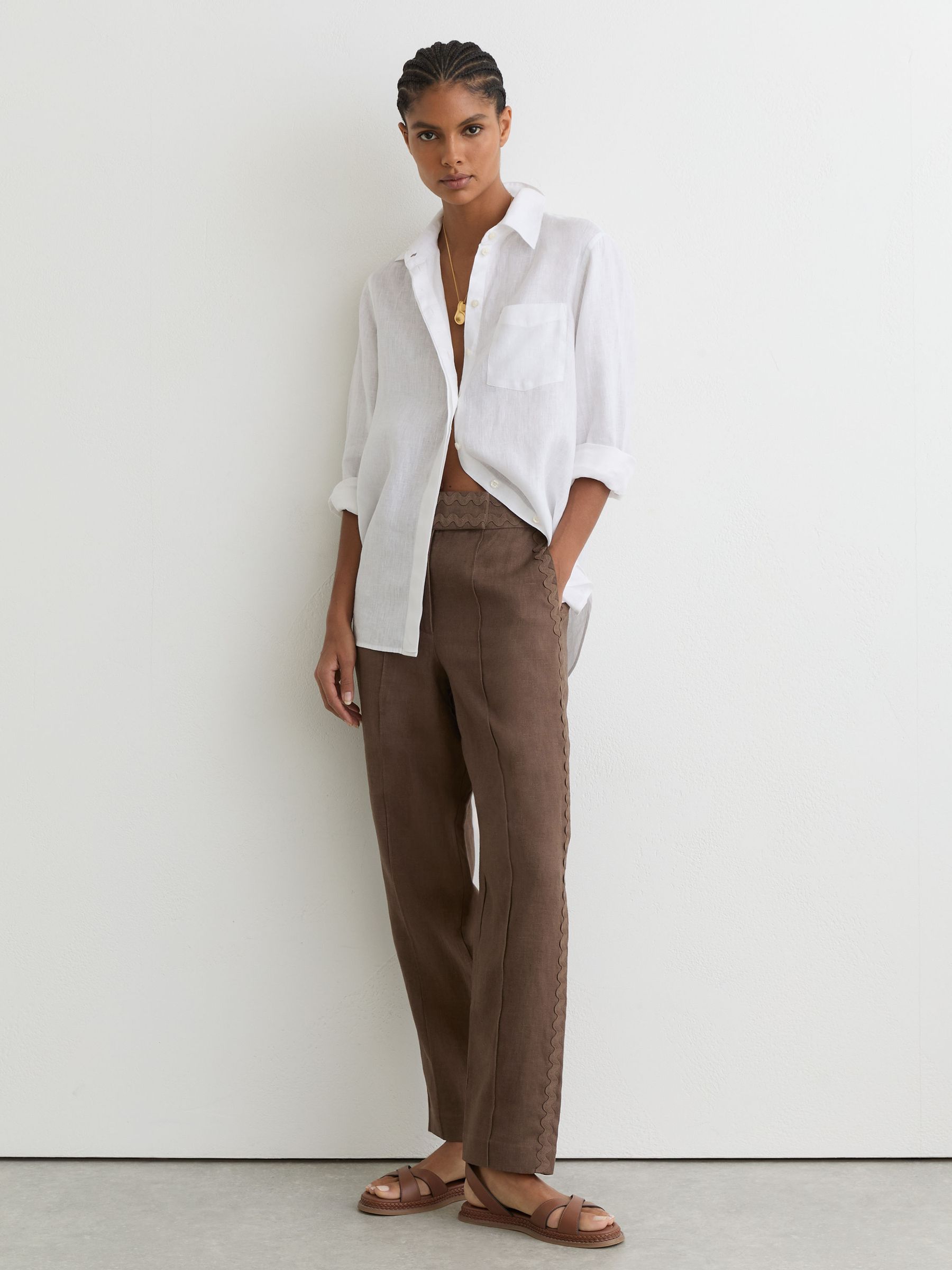 Petite Linen Wave-Trim Tapered Trousers in Brown - Image 6 of 8