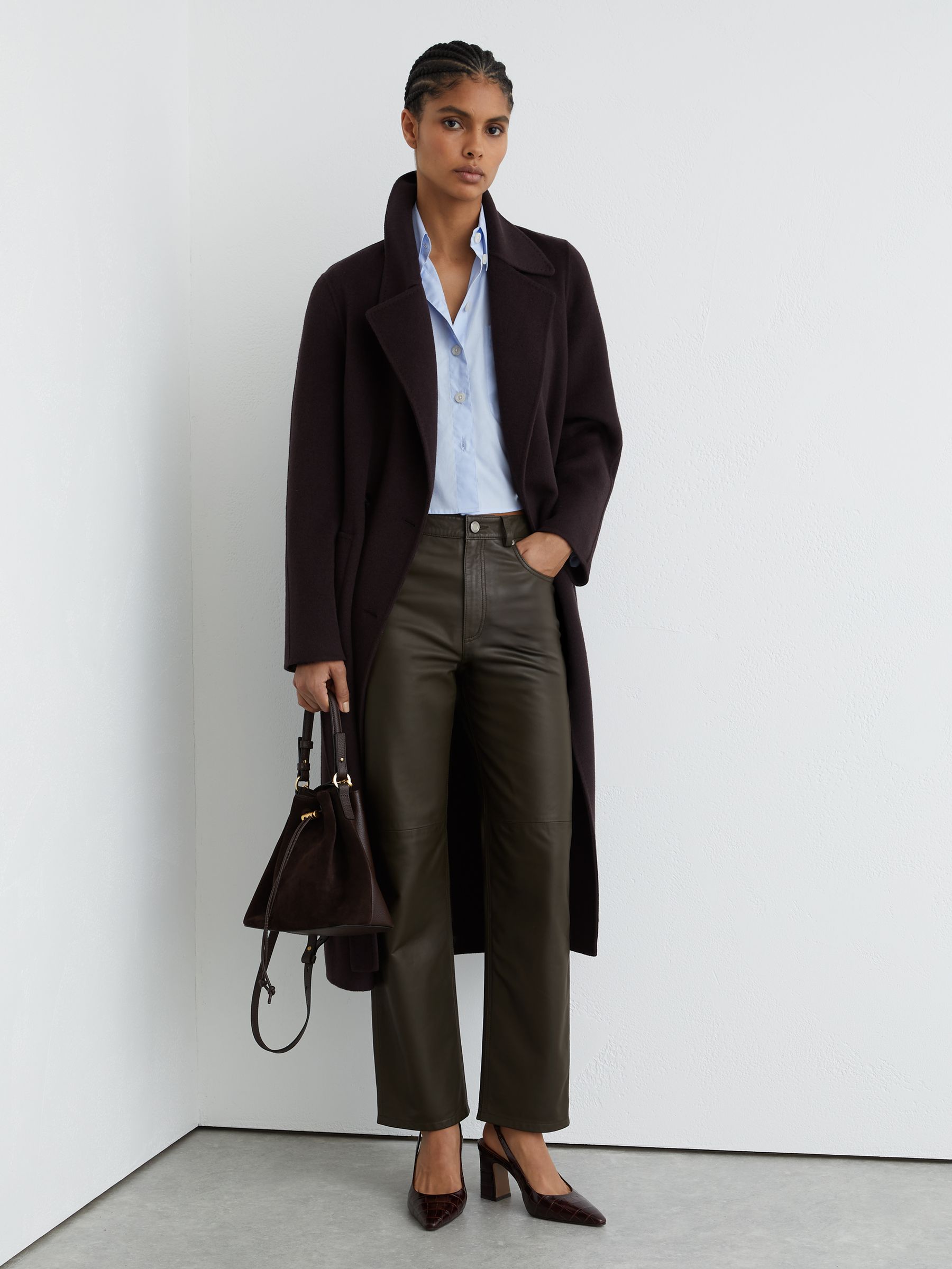 Leather Slim-Leg Trousers in Khaki Green - Image 1 of 6