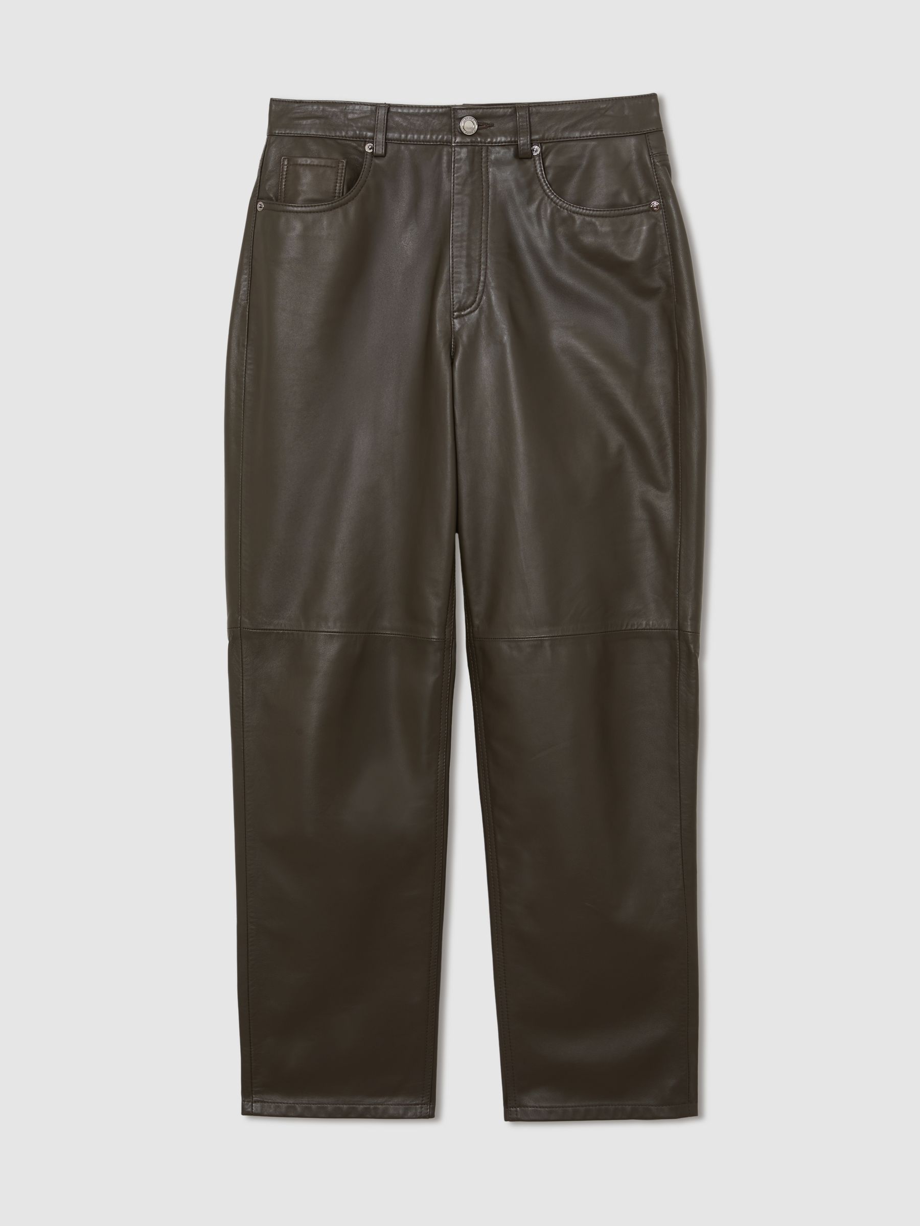 Leather Slim-Leg Trousers in Khaki Green - image 1