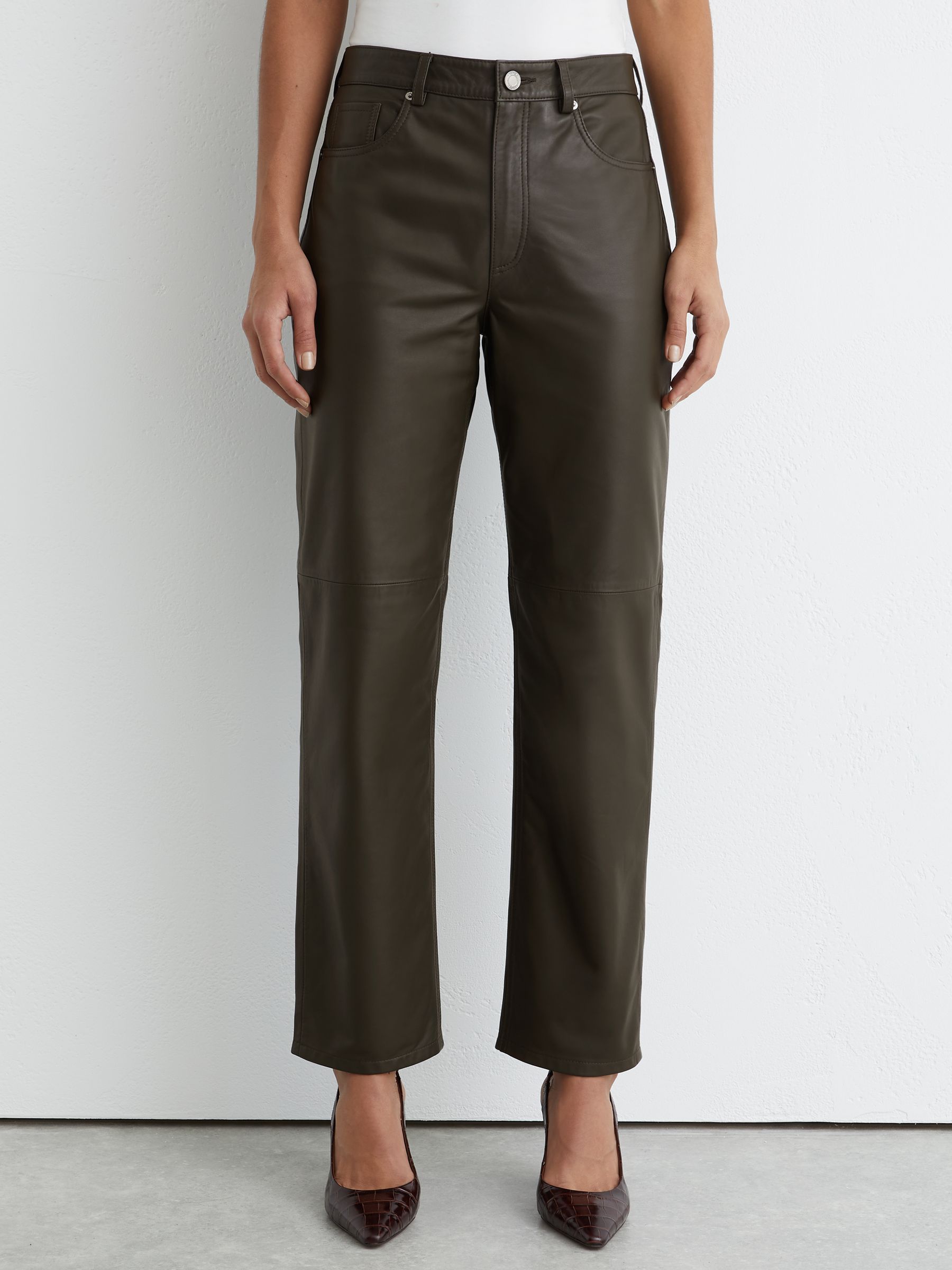 Leather Slim-Leg Trousers in Khaki Green - Image 4 of 6