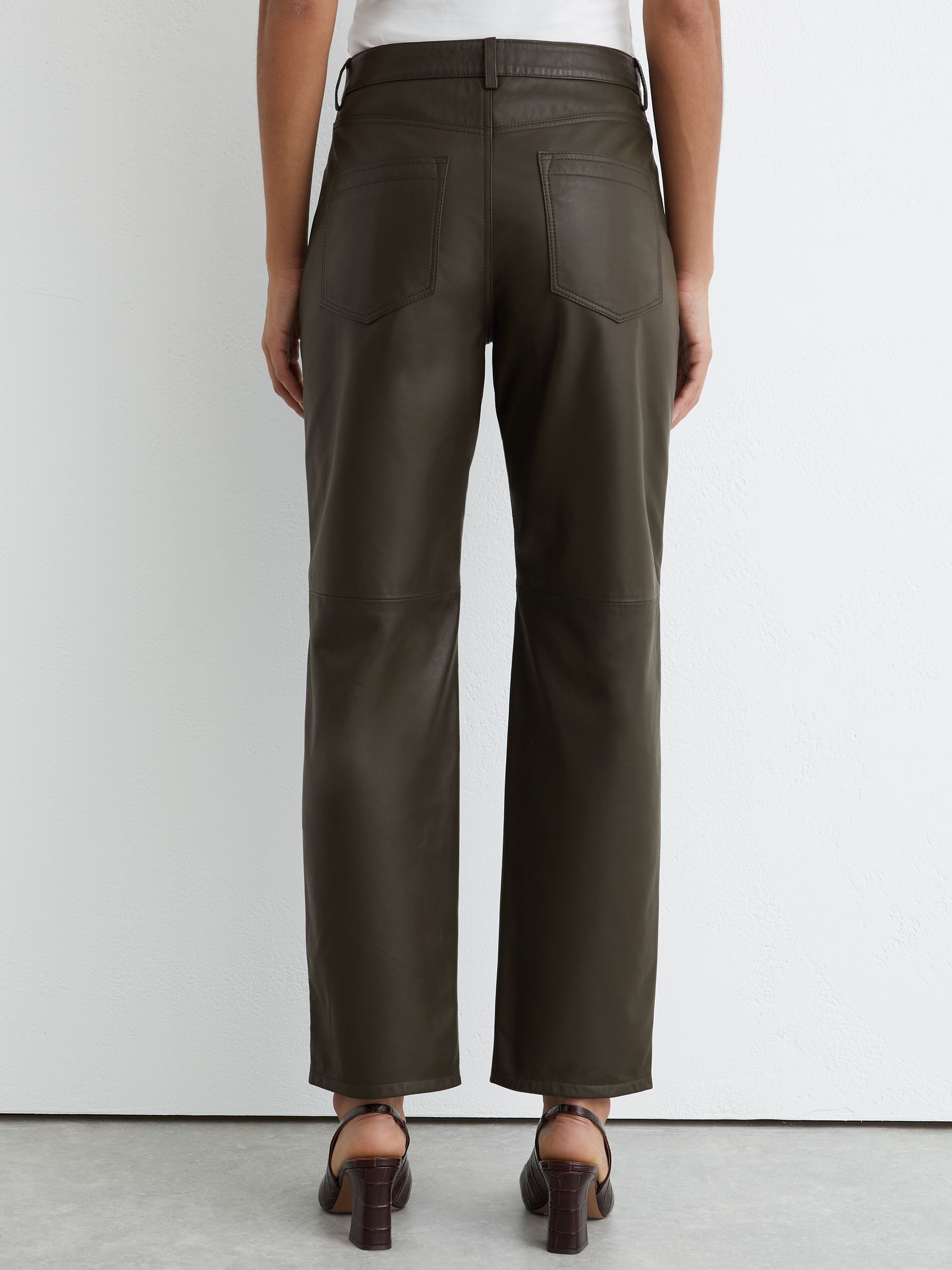 Leather Slim-Leg Trousers in Khaki Green - image 3