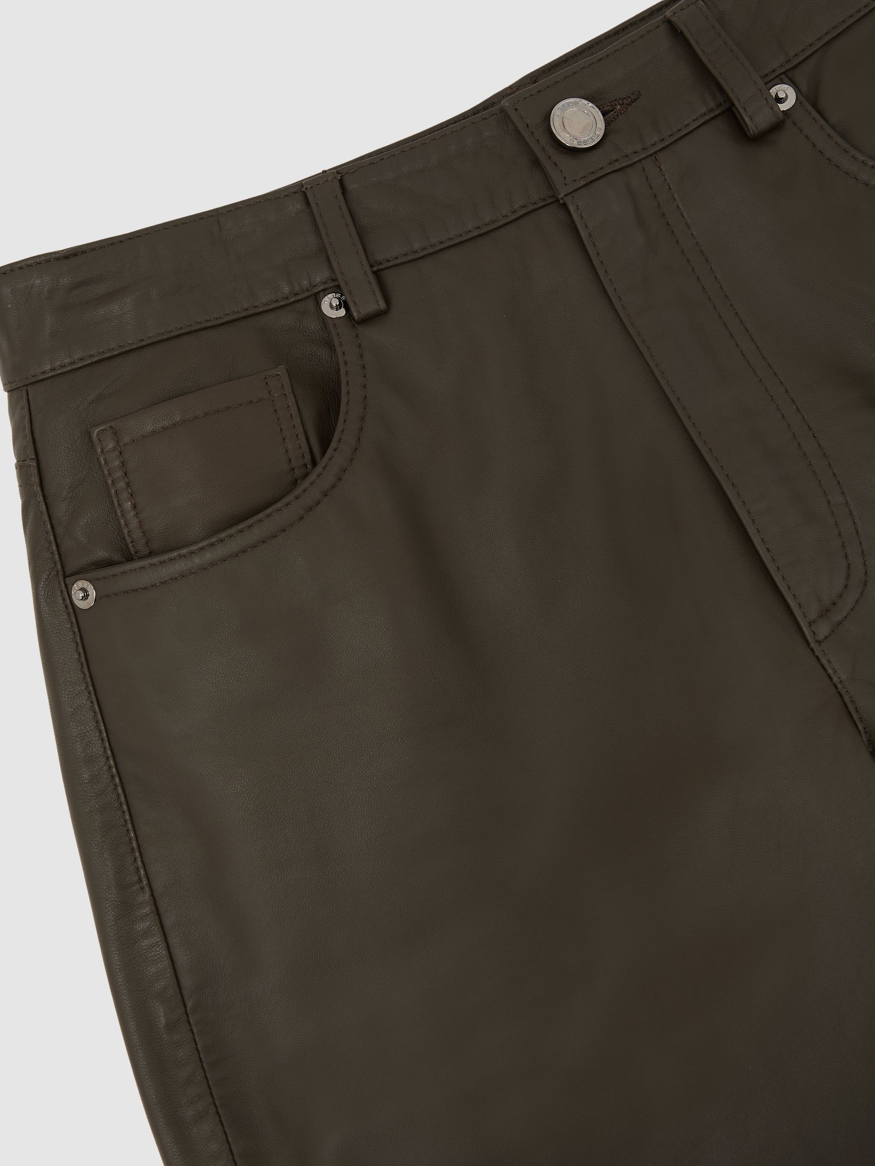Leather Slim-Leg Trousers in Khaki Green - image 4