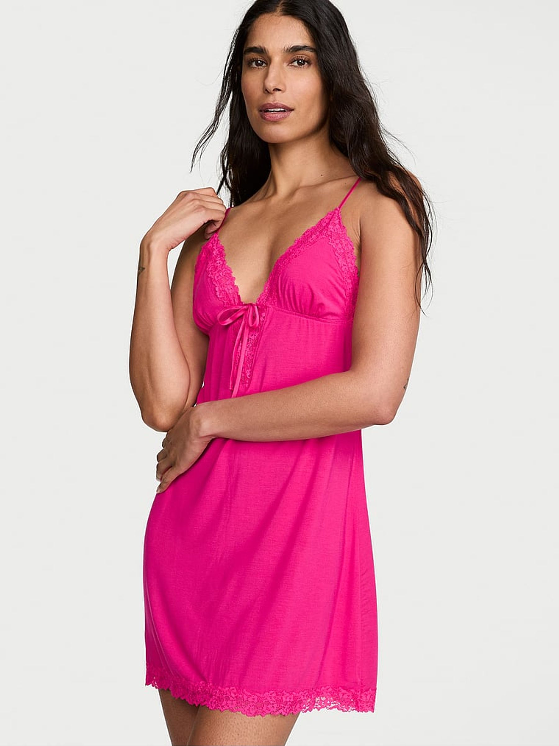 Pop Pink Modal Lace Trim Tie Front Slip Dress - Image 1 of 2