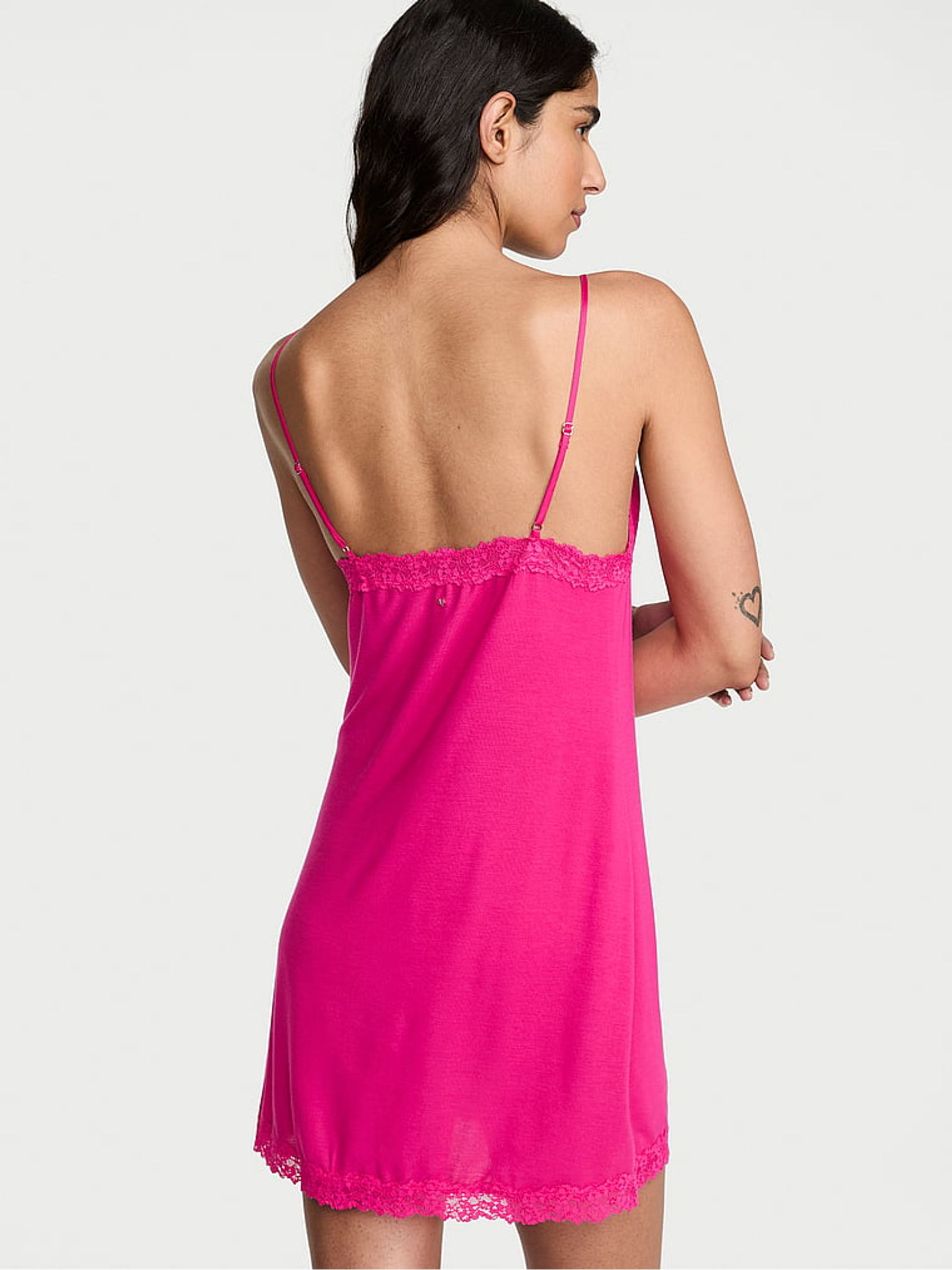 Pop Pink Modal Lace Trim Tie Front Slip Dress - Image 2 of 2