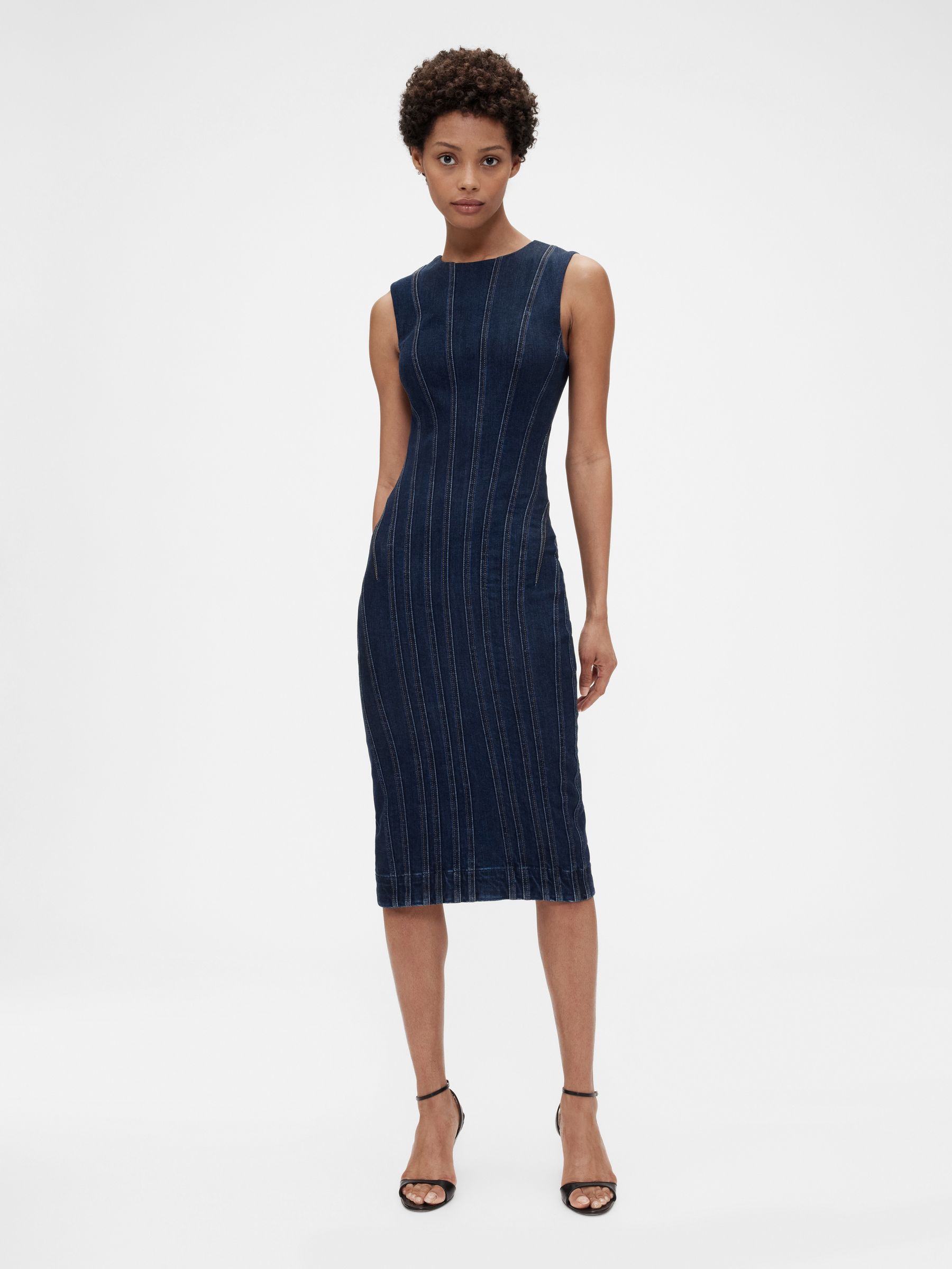 Dark Wash Blue Seamed Denim Midi Dress - Image 1 of 6