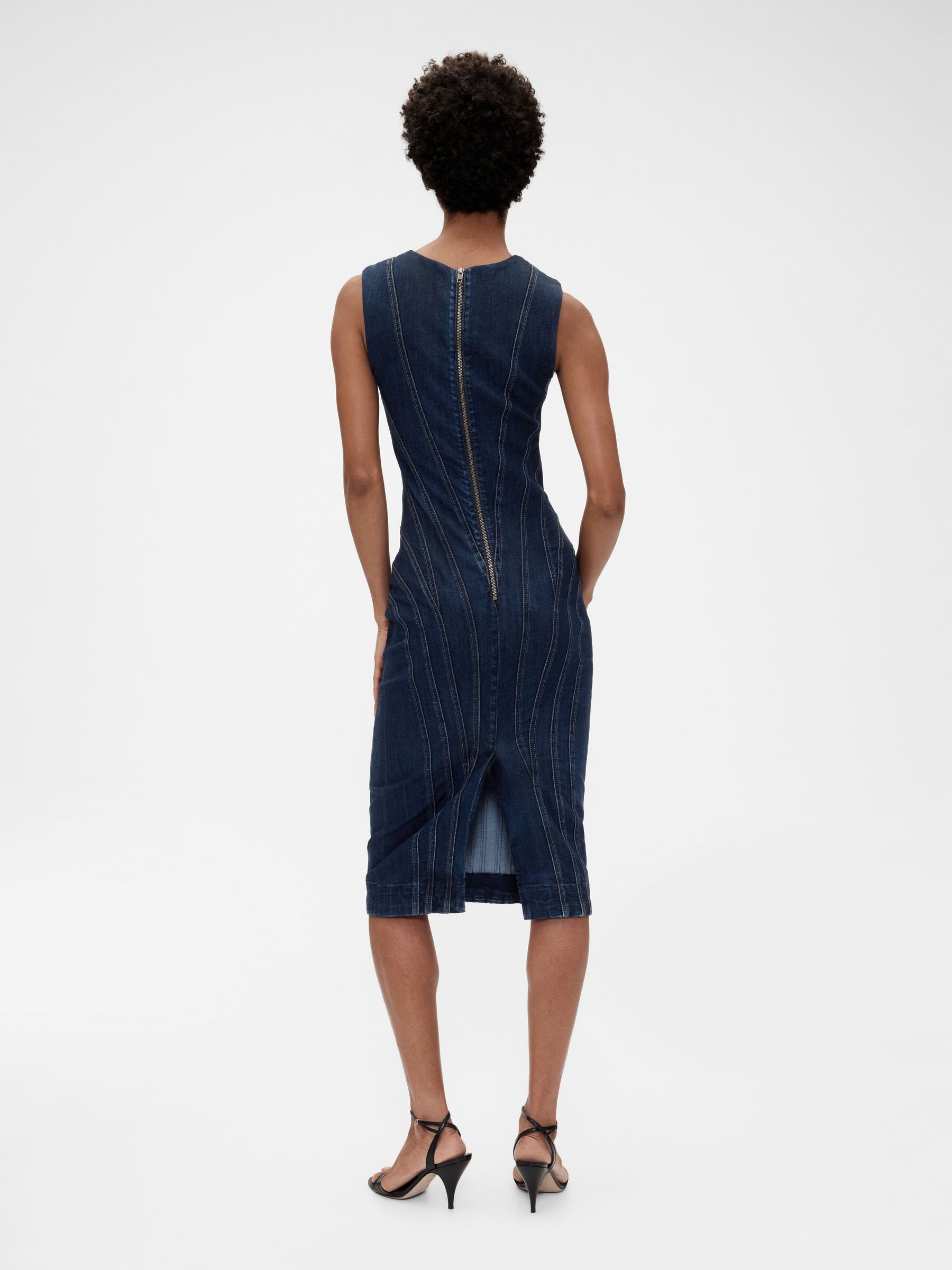 Dark Wash Blue Seamed Denim Midi Dress - Image 2 of 6