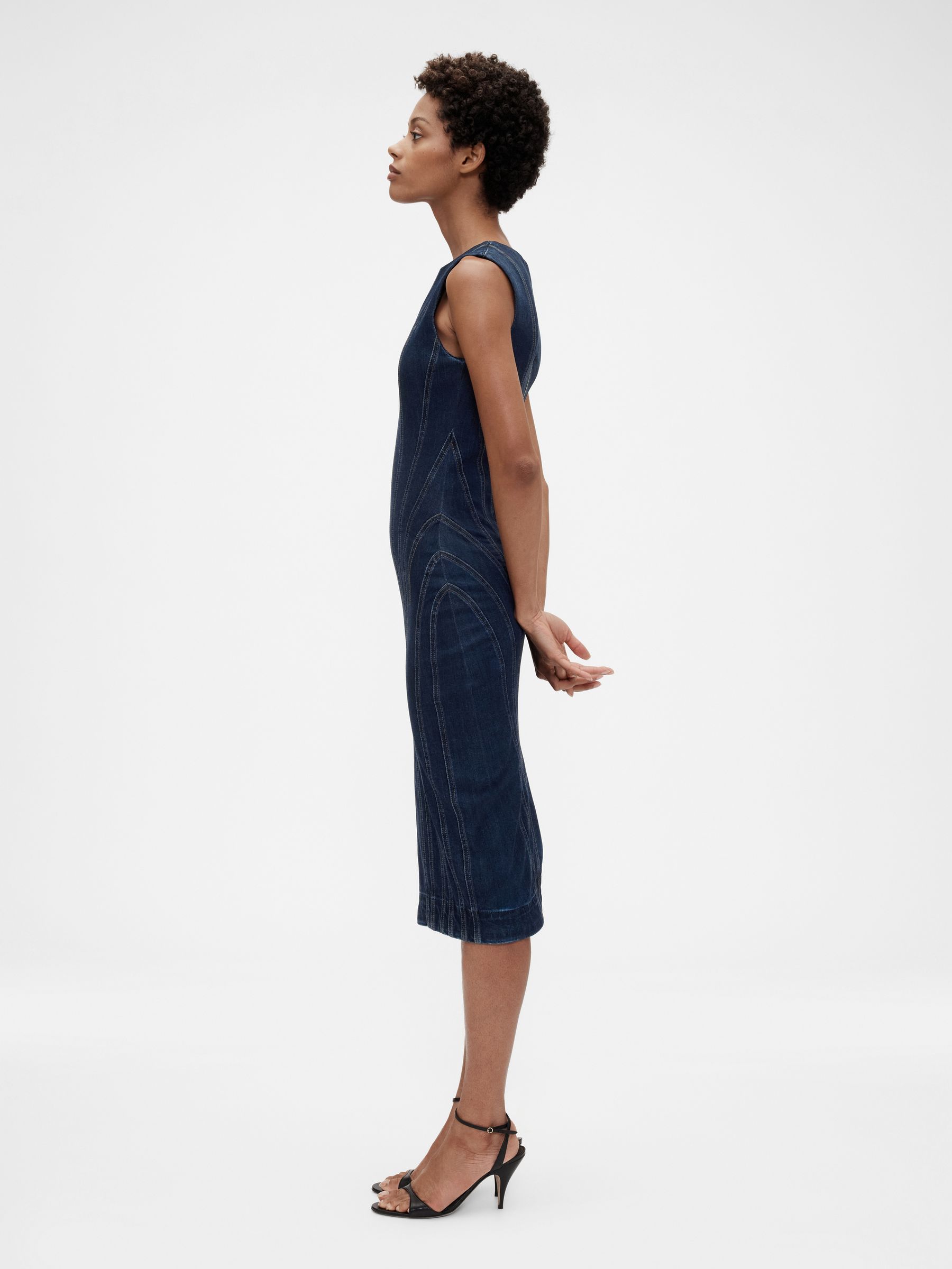 Dark Wash Blue Seamed Denim Midi Dress - Image 3 of 6