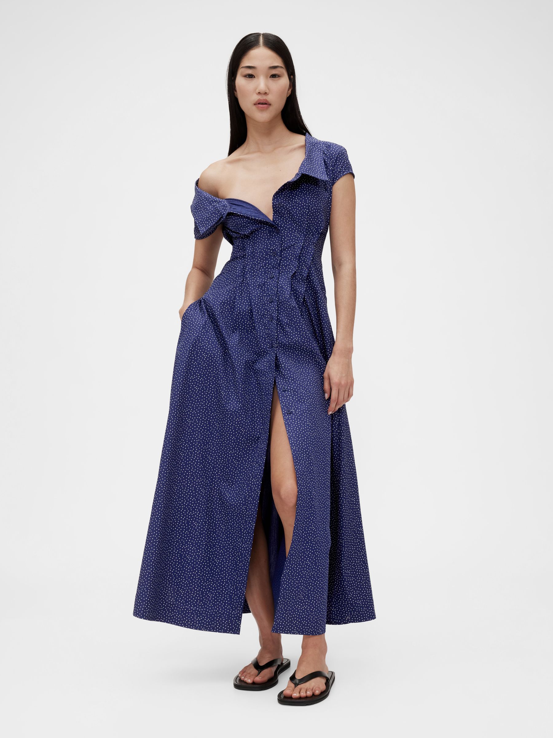 Blue Dot Poplin Maxi Shirt Dress - Image 1 of 7