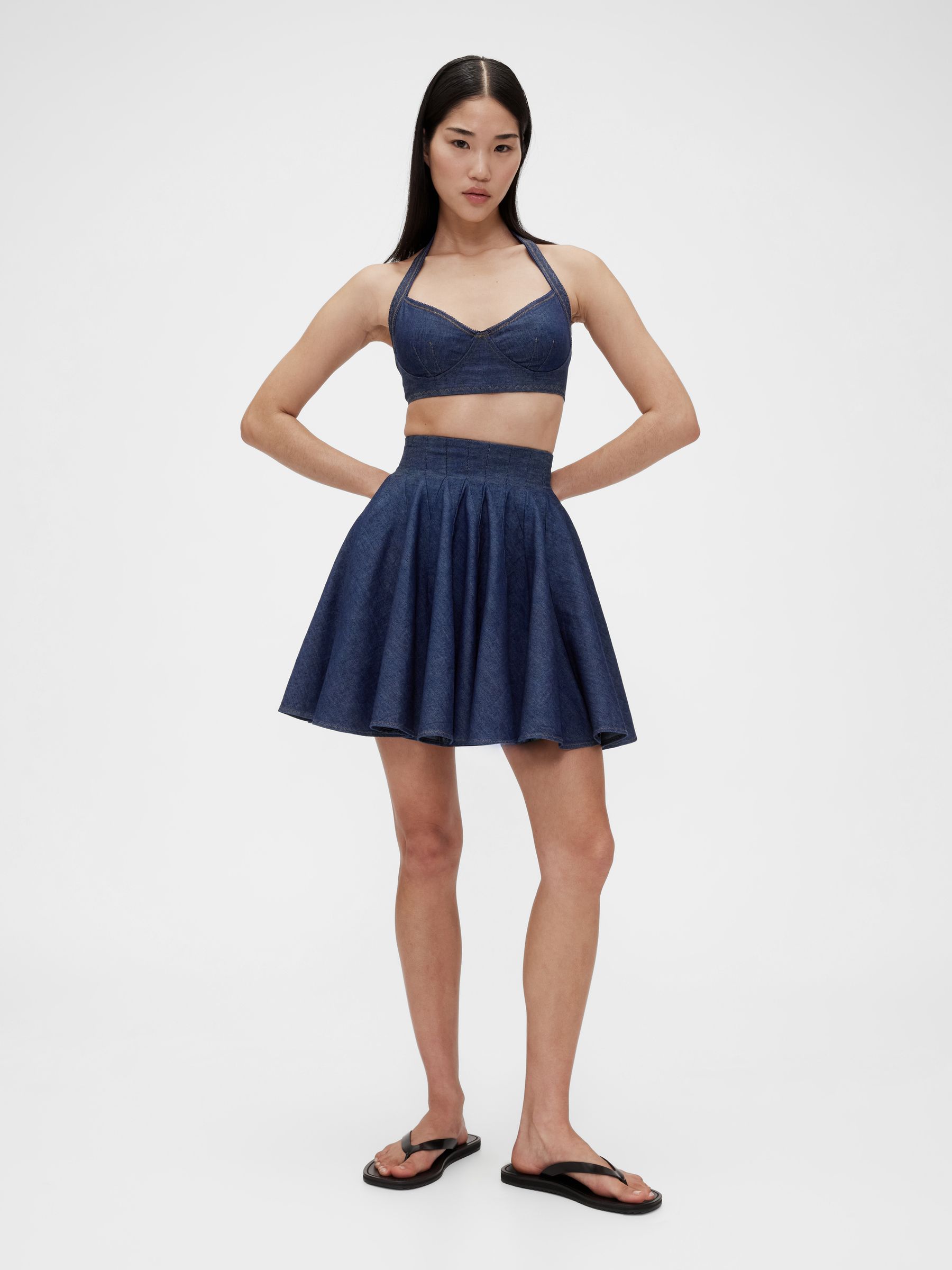 Dark Wash Blue Pleated Denim Mini Skirt - Image 1 of 6