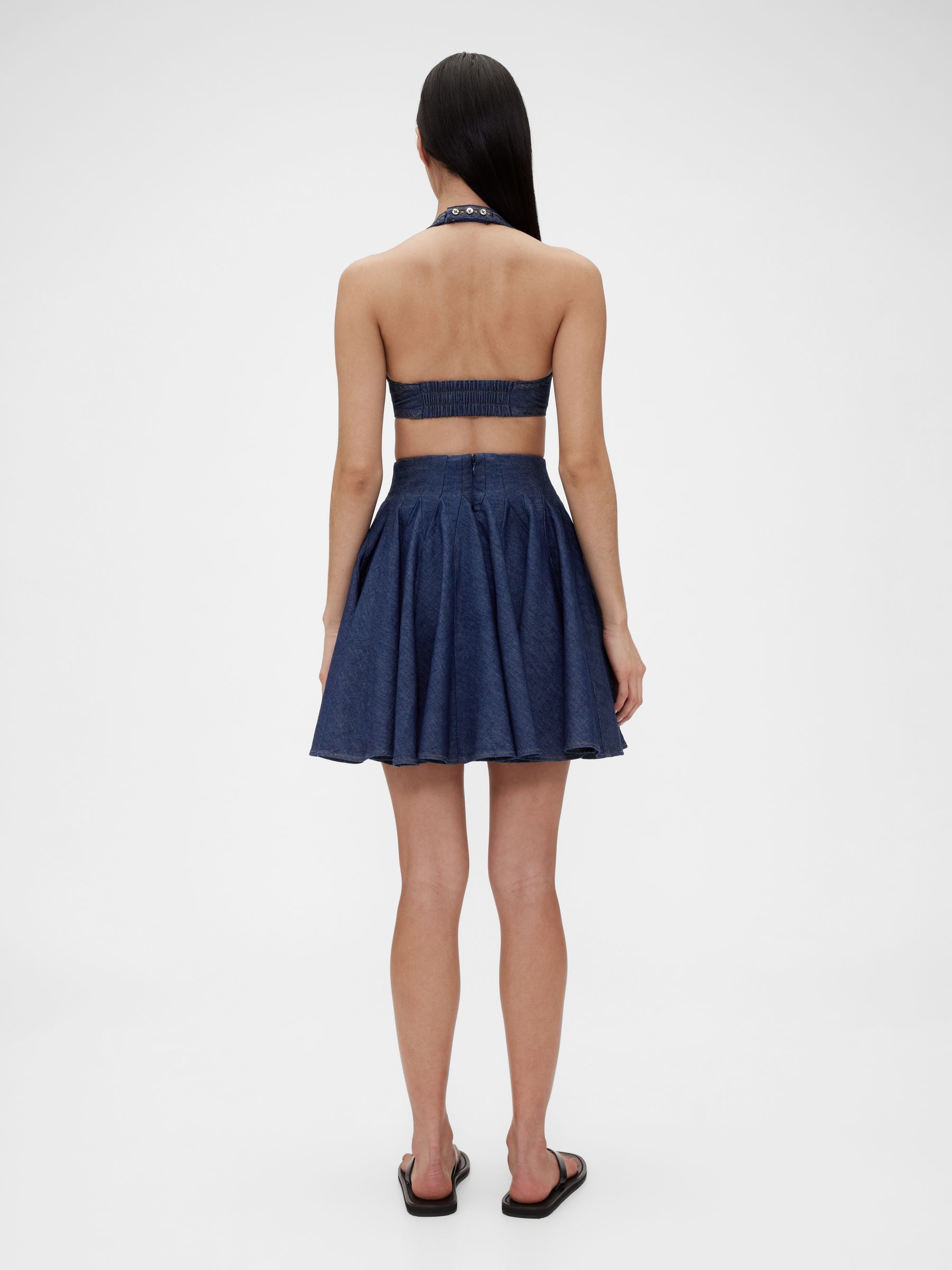 Dark Wash Blue Pleated Denim Mini Skirt - Image 2 of 6