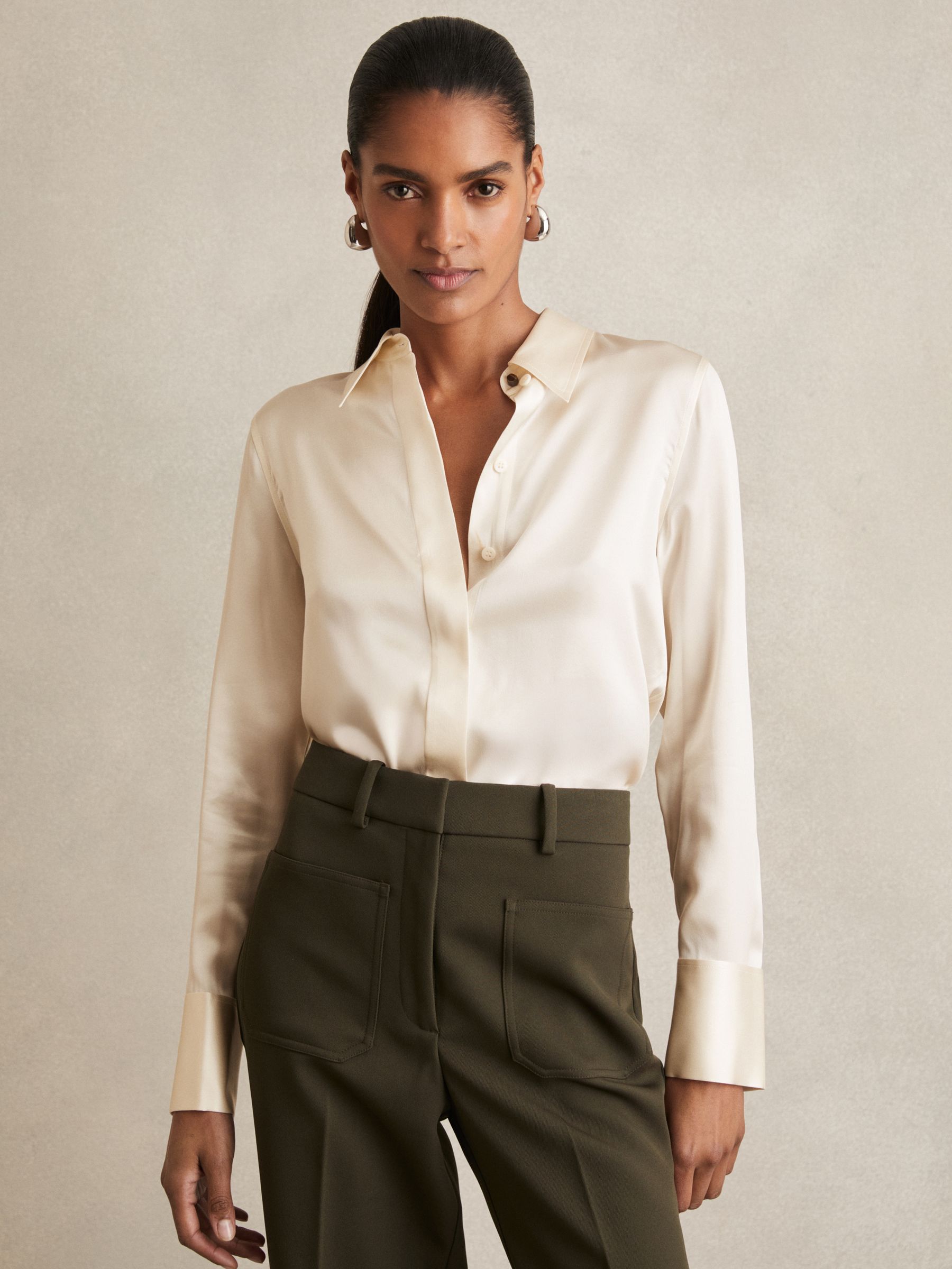 Silk-Satin Concealed-Placket Shirt in Ivory - Image 3 of 8