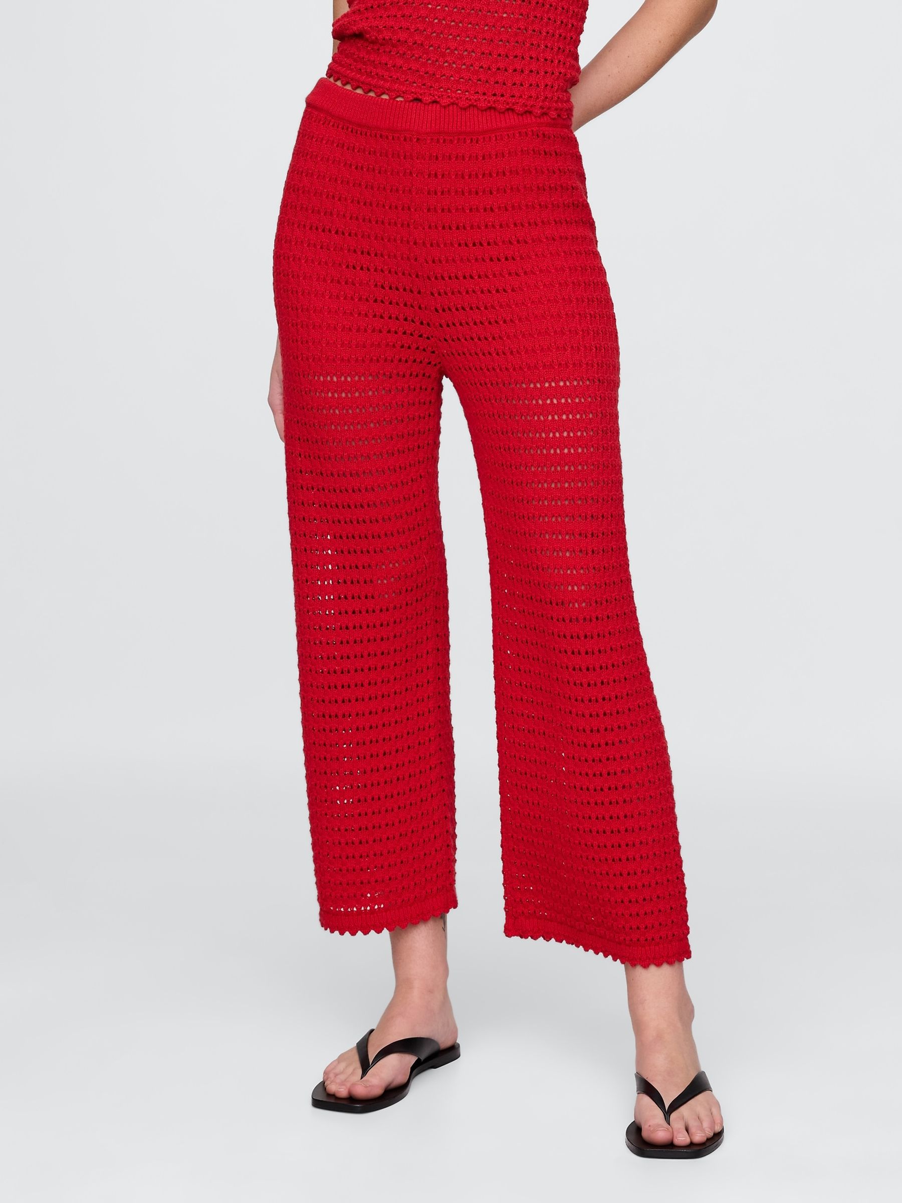 Red 100% Cotton Crochet Ankle Trousers - Image 1 of 5