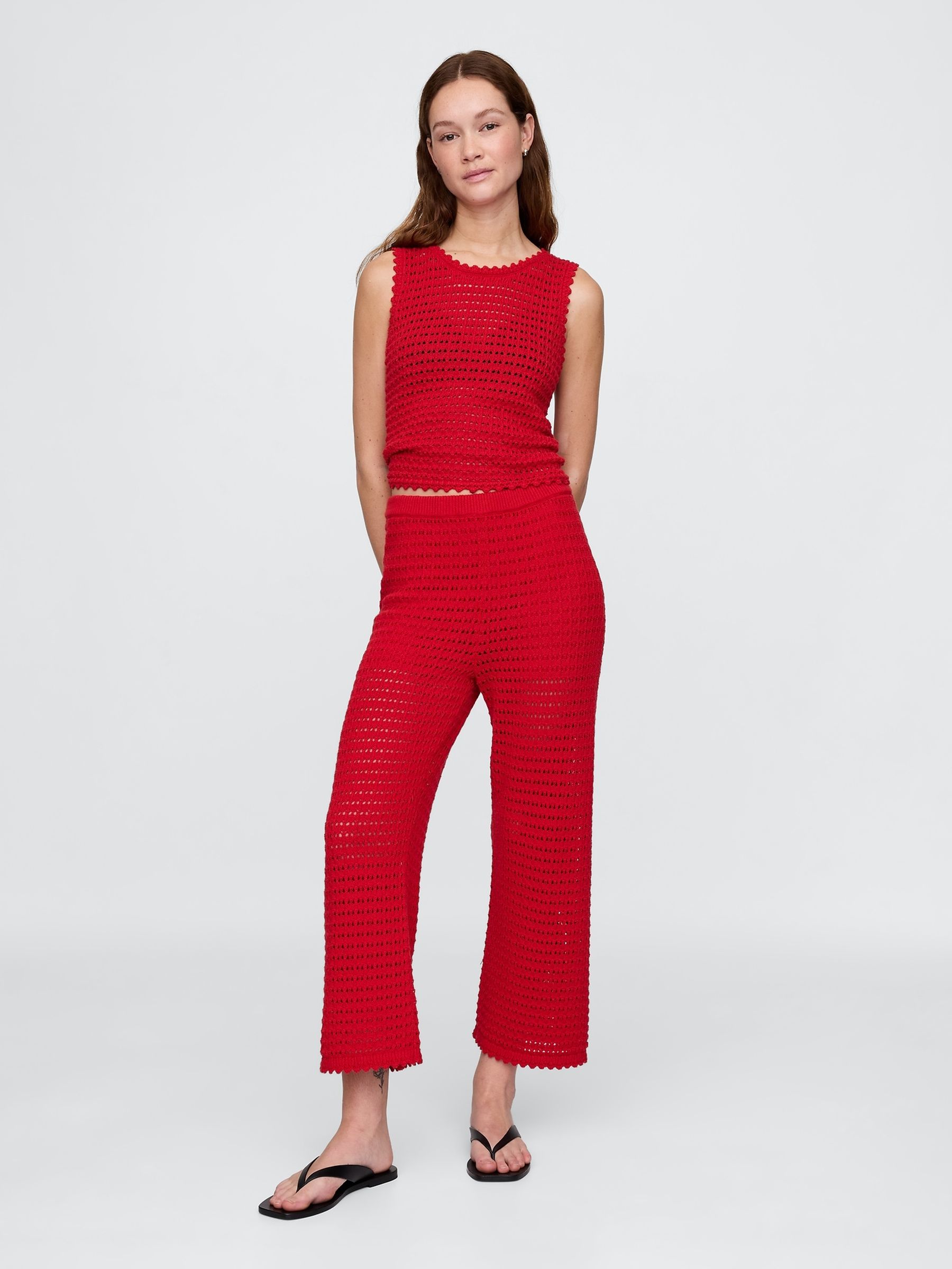 Red 100% Cotton Crochet Ankle Trousers - Image 4 of 5