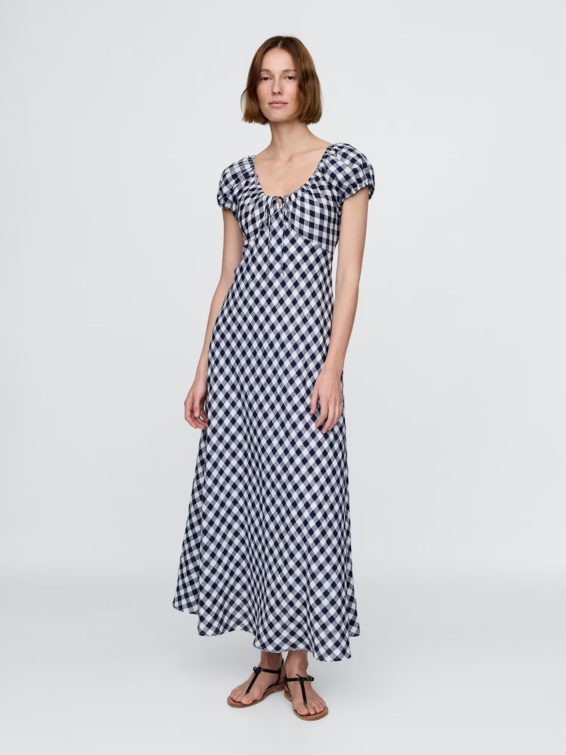 Navy/Blue DÔEN 100% Linen Gingham Maxi Dress - Image 1 of 12