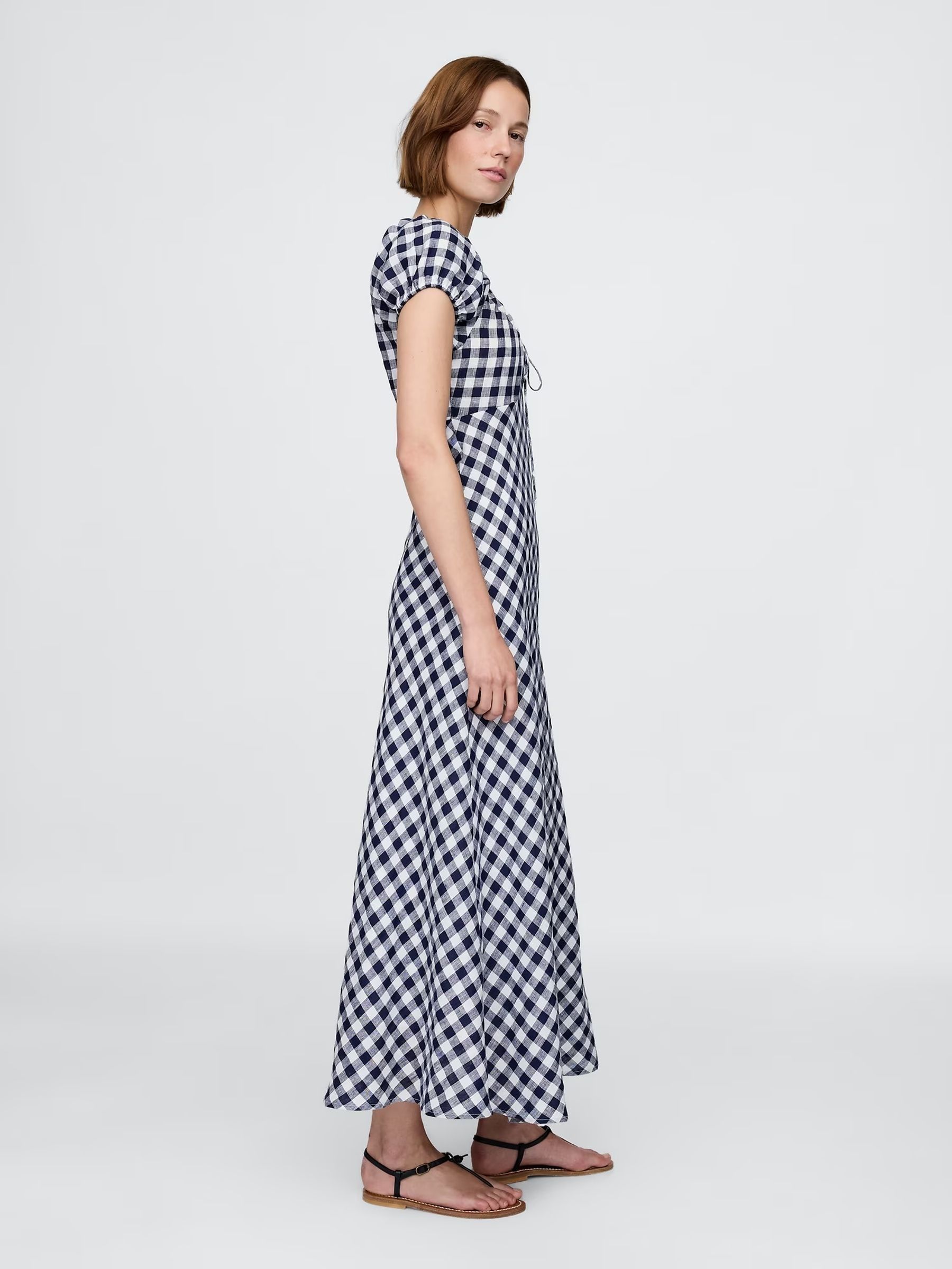 Navy/Blue DÔEN 100% Linen Gingham Maxi Dress - Image 3 of 12