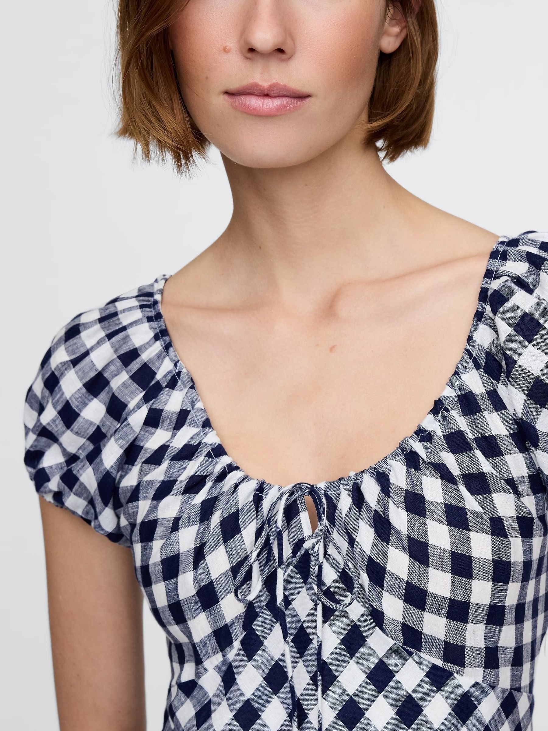 Navy/Blue DÔEN 100% Linen Gingham Maxi Dress - Image 4 of 12