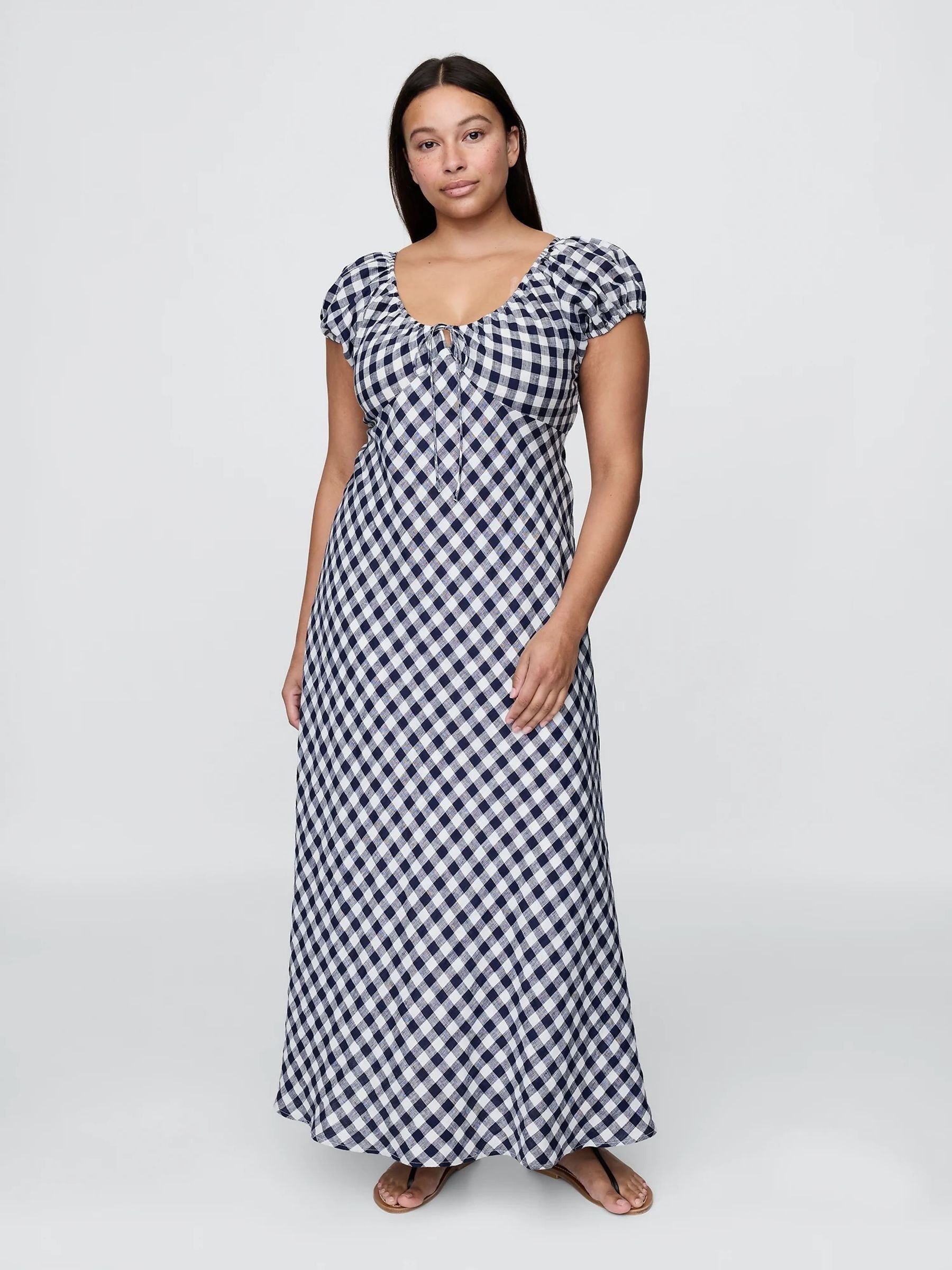 Navy/Blue DÔEN 100% Linen Gingham Maxi Dress - Image 5 of 12