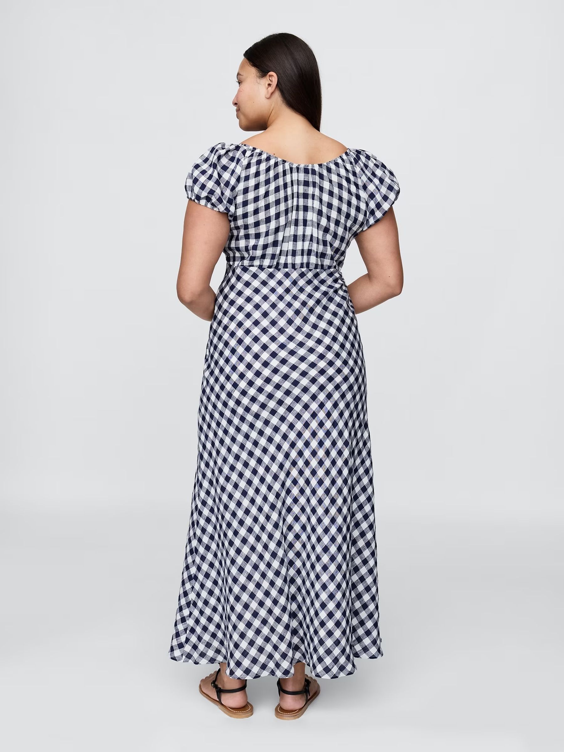 Navy/Blue DÔEN 100% Linen Gingham Maxi Dress - Image 6 of 12