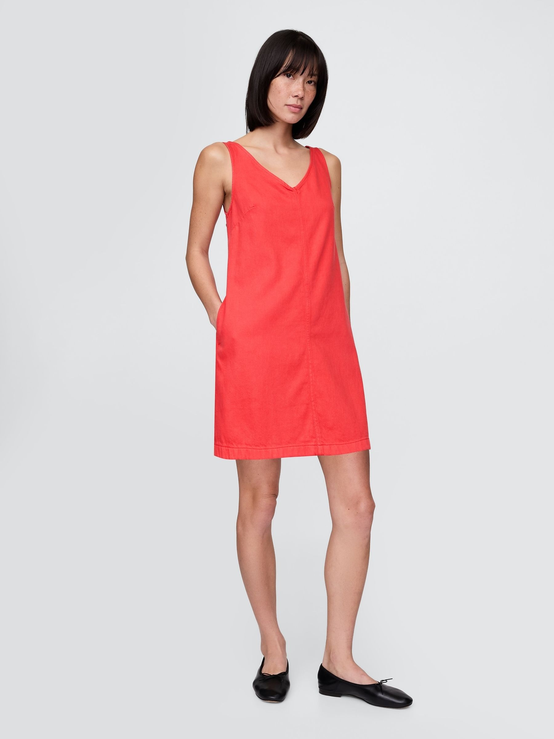 Red UltraSoft V-Neck Denim Mini Summer Dress - Image 1 of 4