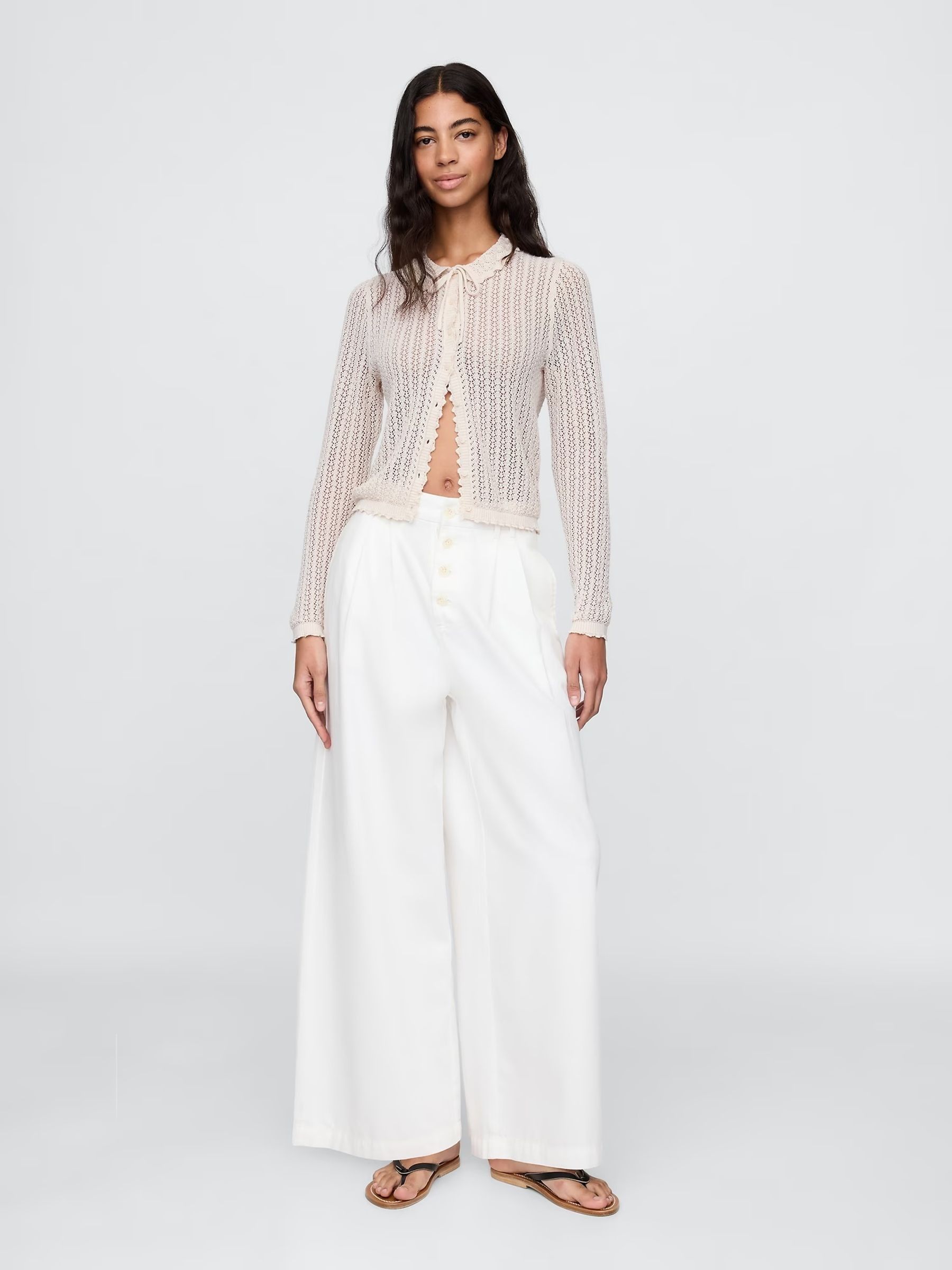 Cream DÔEN Linen-Blend Pointelle Cardigan - Image 3 of 6