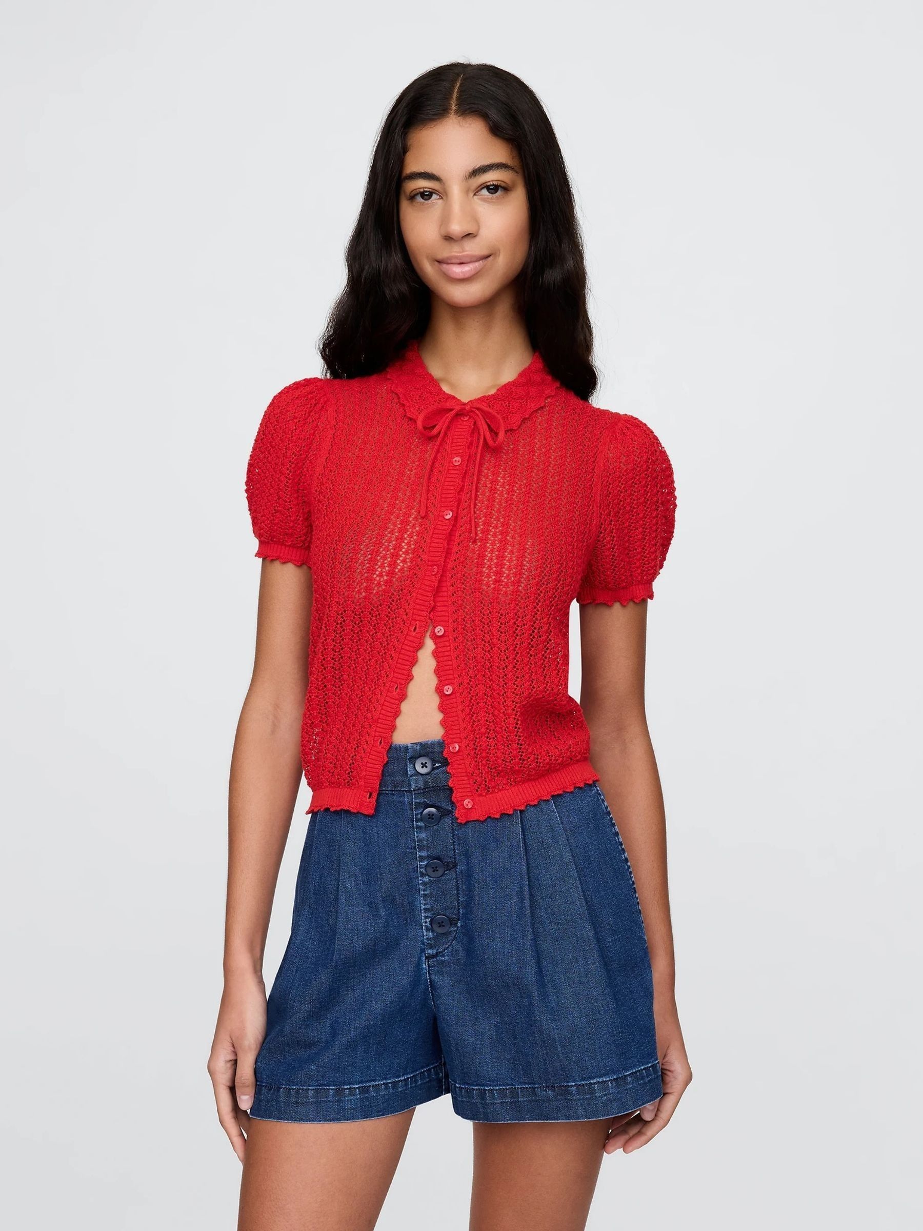 Red DÔEN Linen-Blend Short Sleeve Cardigan - Image 1 of 6