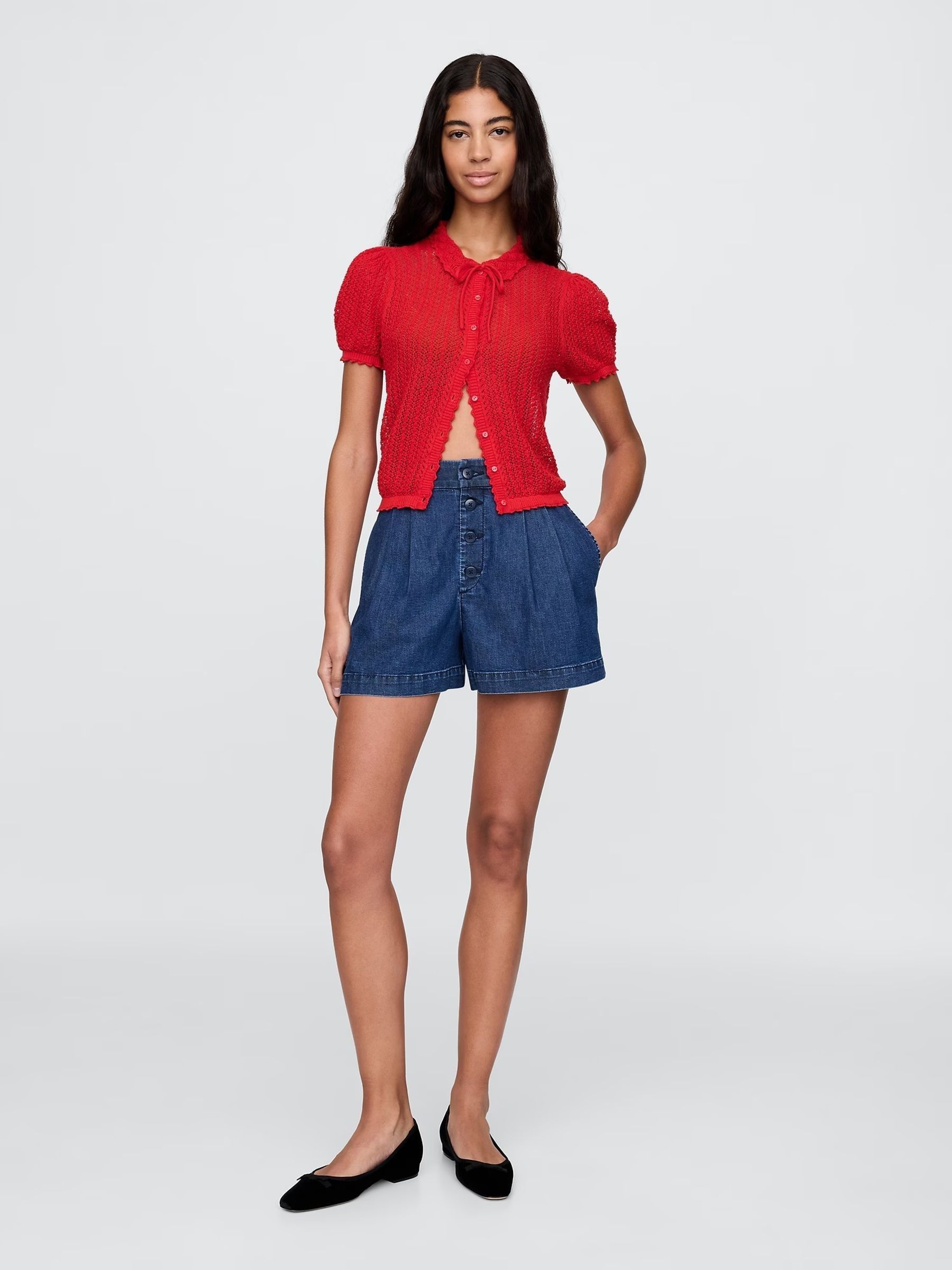 Red DÔEN Linen-Blend Short Sleeve Cardigan - Image 3 of 6