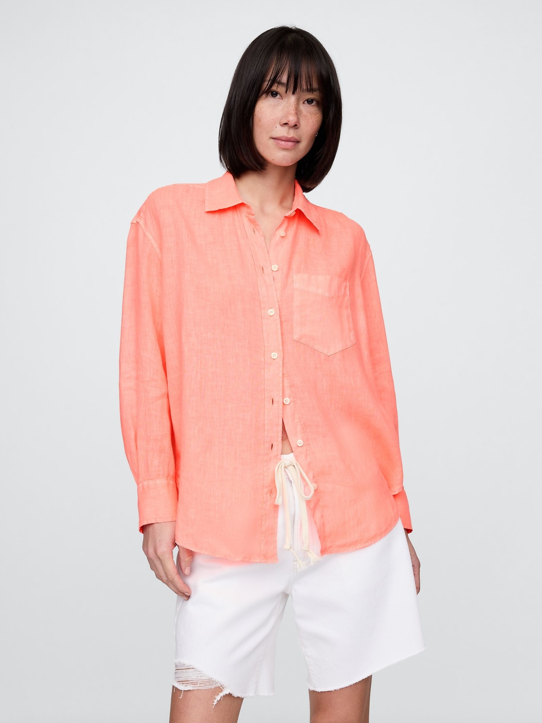Orange 100% Linen Button Down Long Sleeve Oversized Shirt - Image 1 of 5