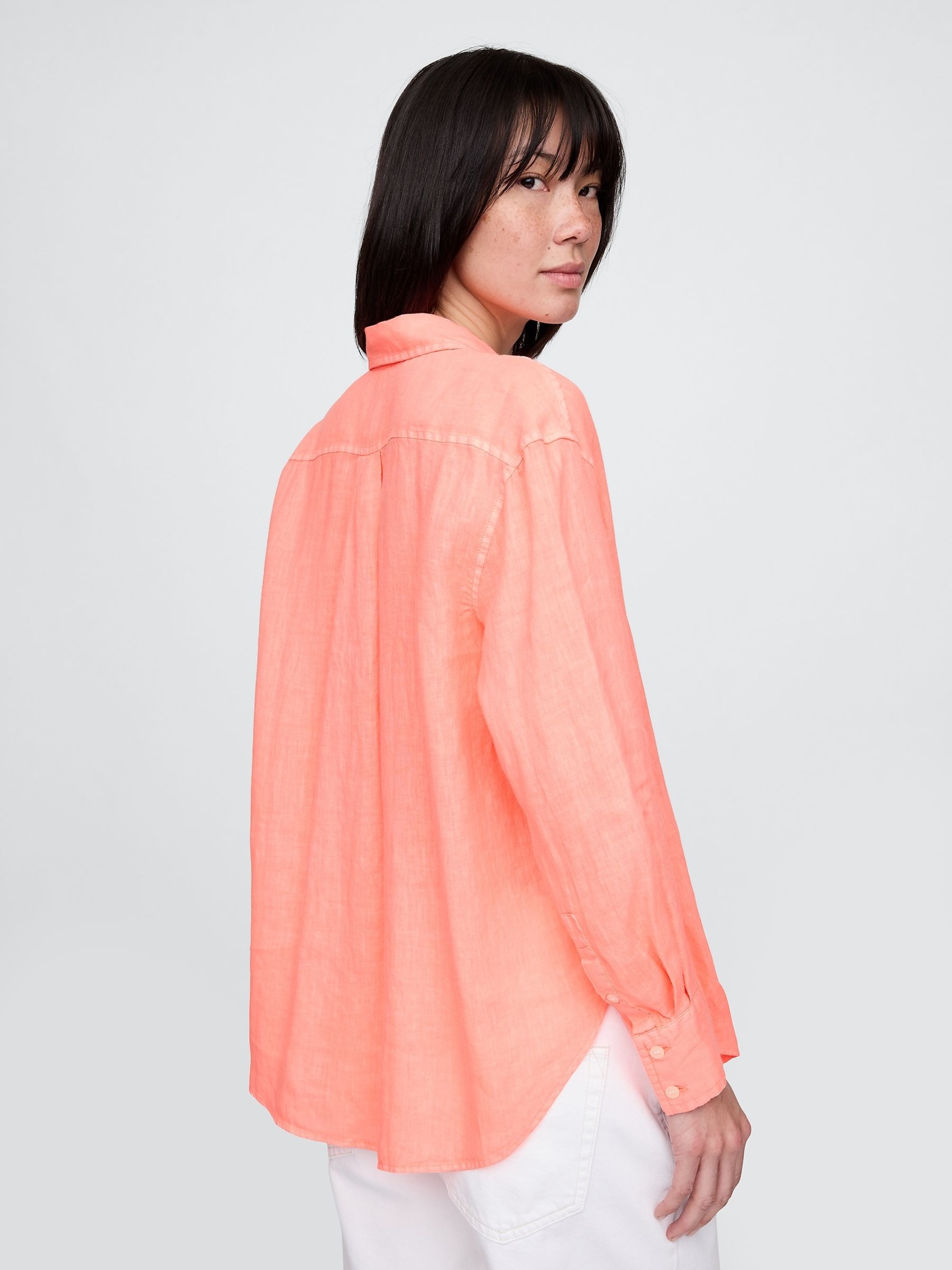 Orange 100% Linen Button Down Long Sleeve Oversized Shirt - Image 2 of 5