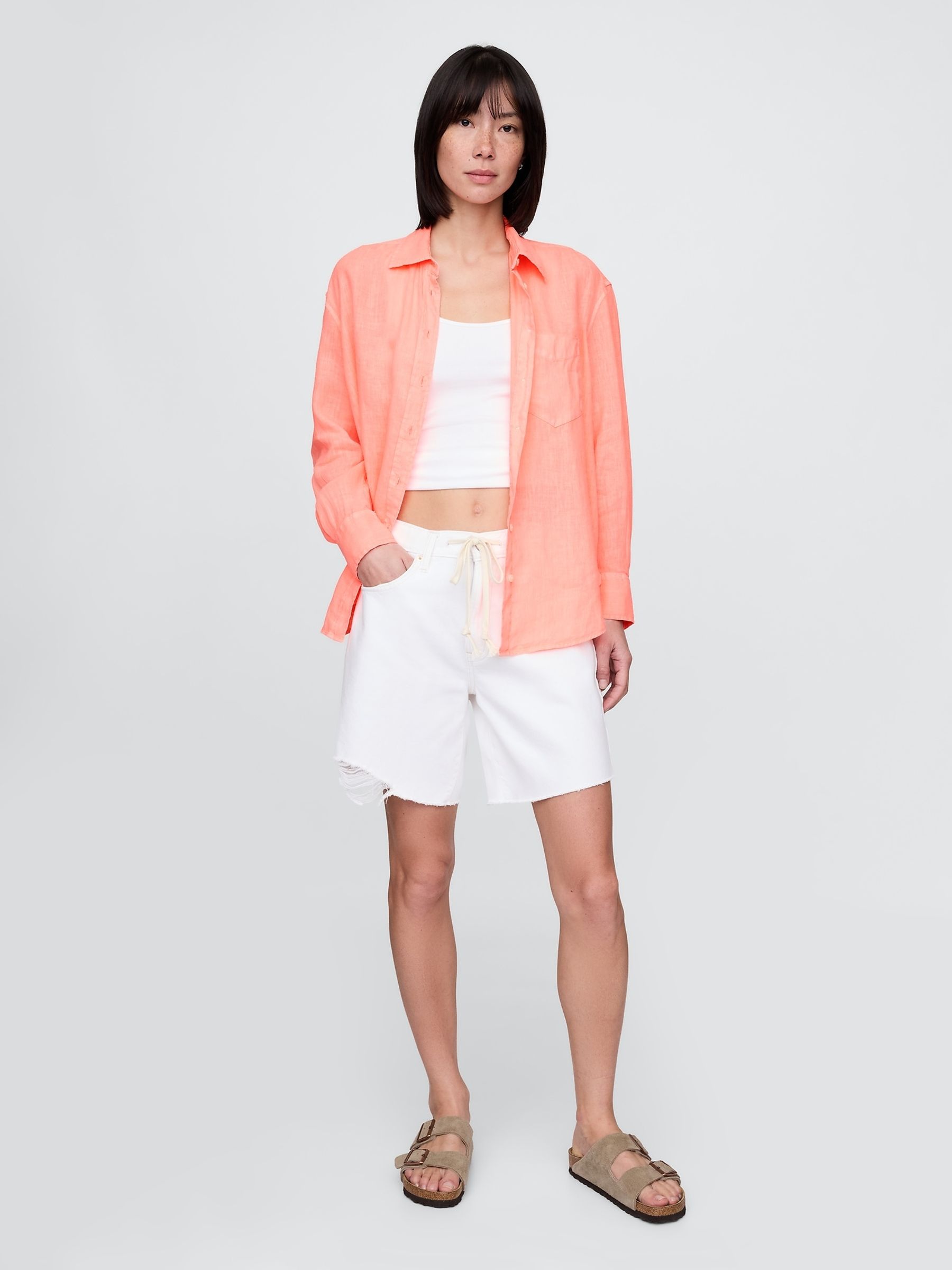 Orange 100% Linen Button Down Long Sleeve Oversized Shirt - Image 3 of 5