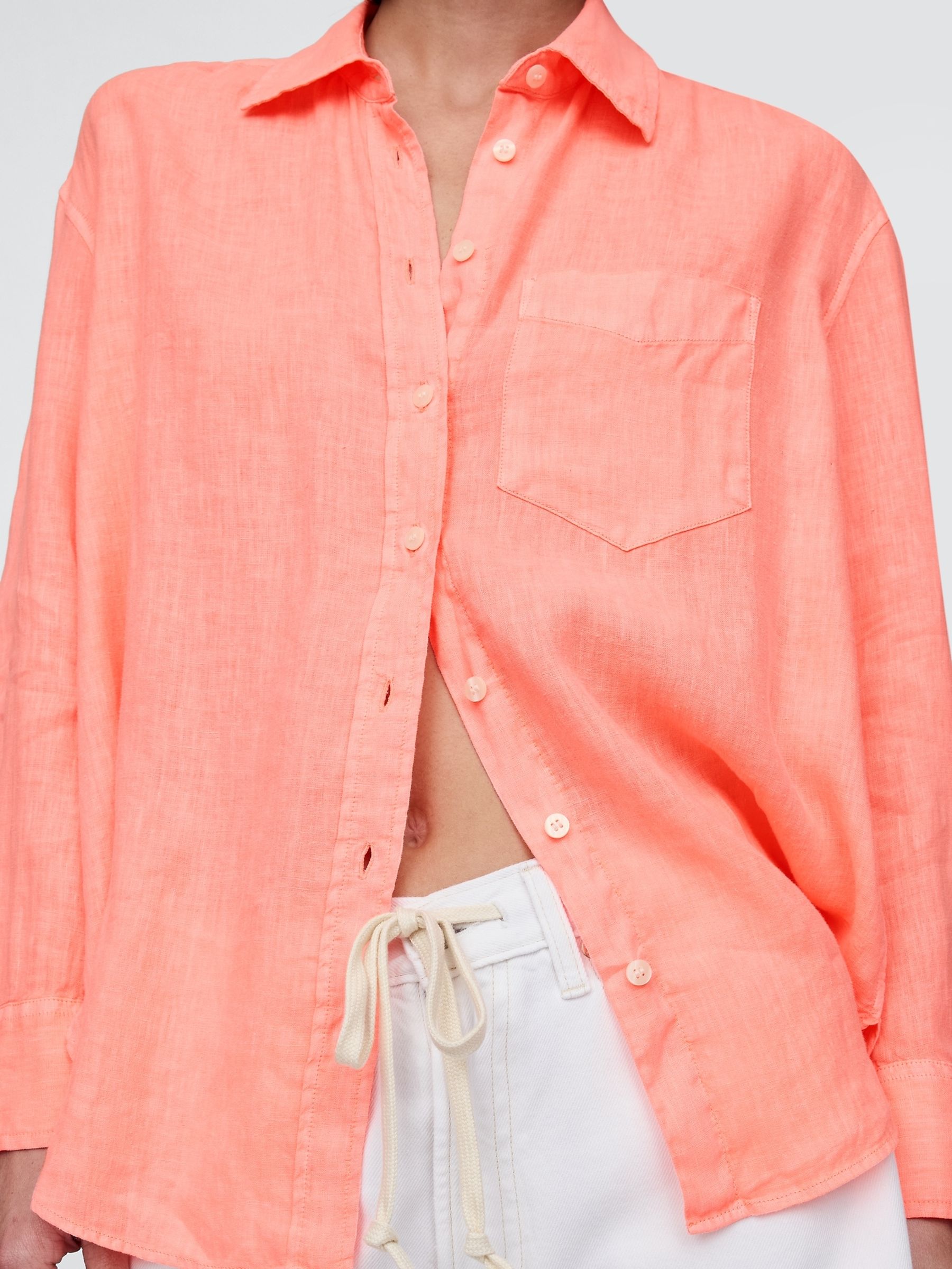 Orange 100% Linen Button Down Long Sleeve Oversized Shirt - Image 5 of 5
