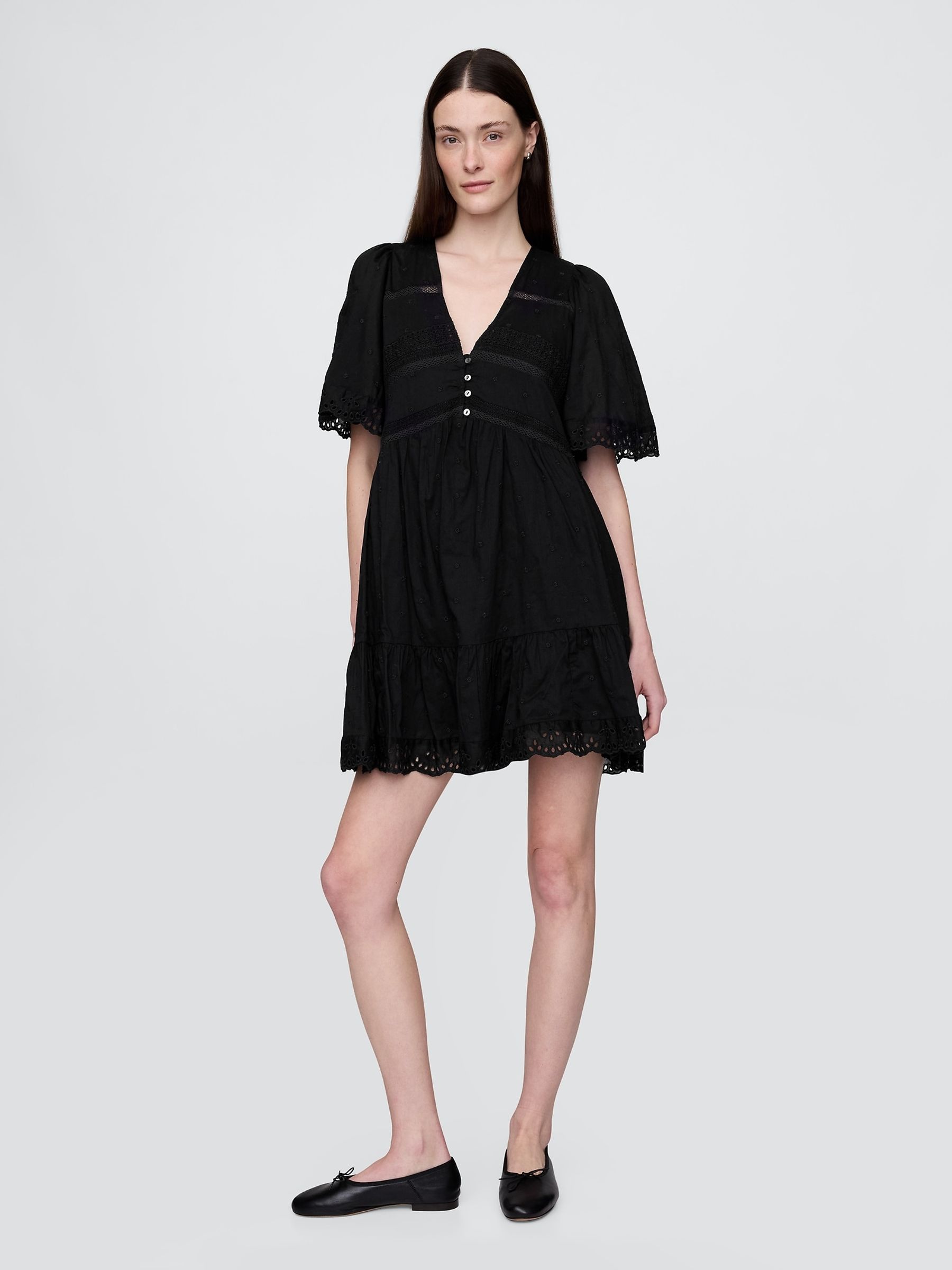 Black 100% Cotton V-Neck Flutter-Sleeve Eyelet Mini Dress - Image 1 of 5