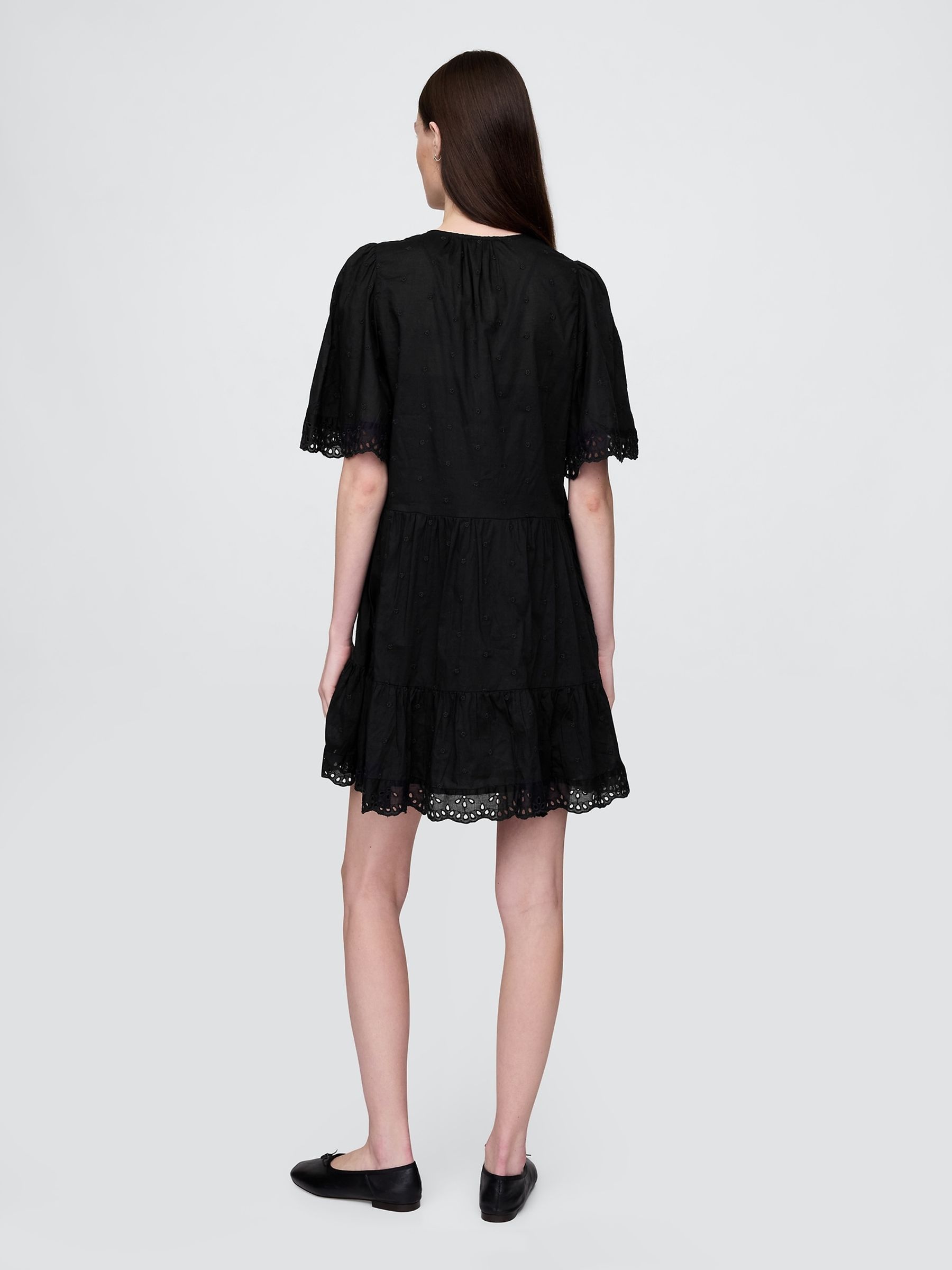 Black 100% Cotton V-Neck Flutter-Sleeve Eyelet Mini Dress - Image 2 of 5