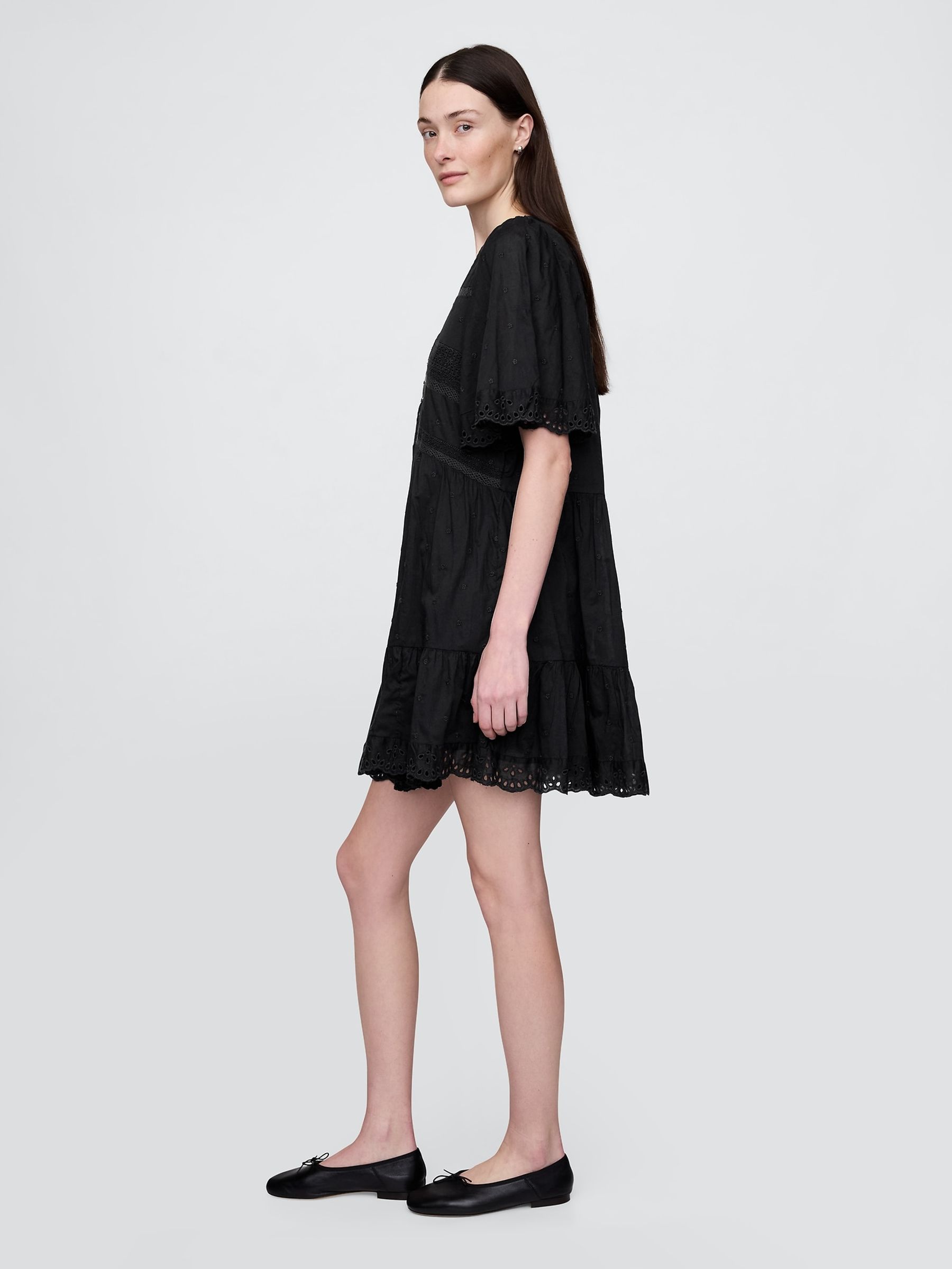 Black 100% Cotton V-Neck Flutter-Sleeve Eyelet Mini Dress - Image 3 of 5