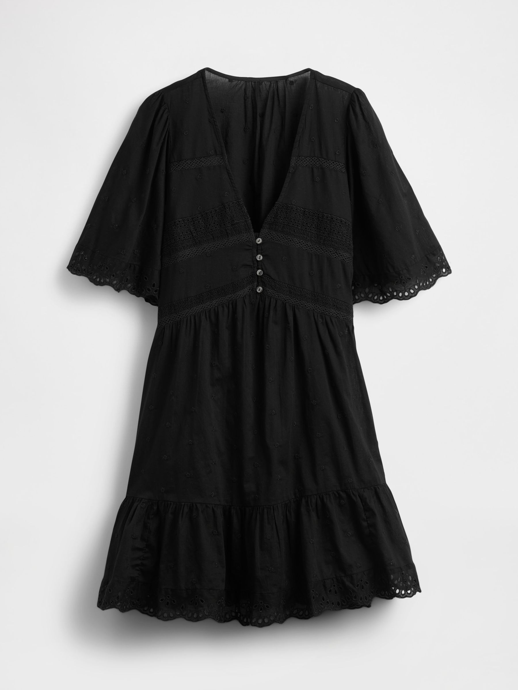 Black 100% Cotton V-Neck Flutter-Sleeve Eyelet Mini Dress - Image 4 of 5