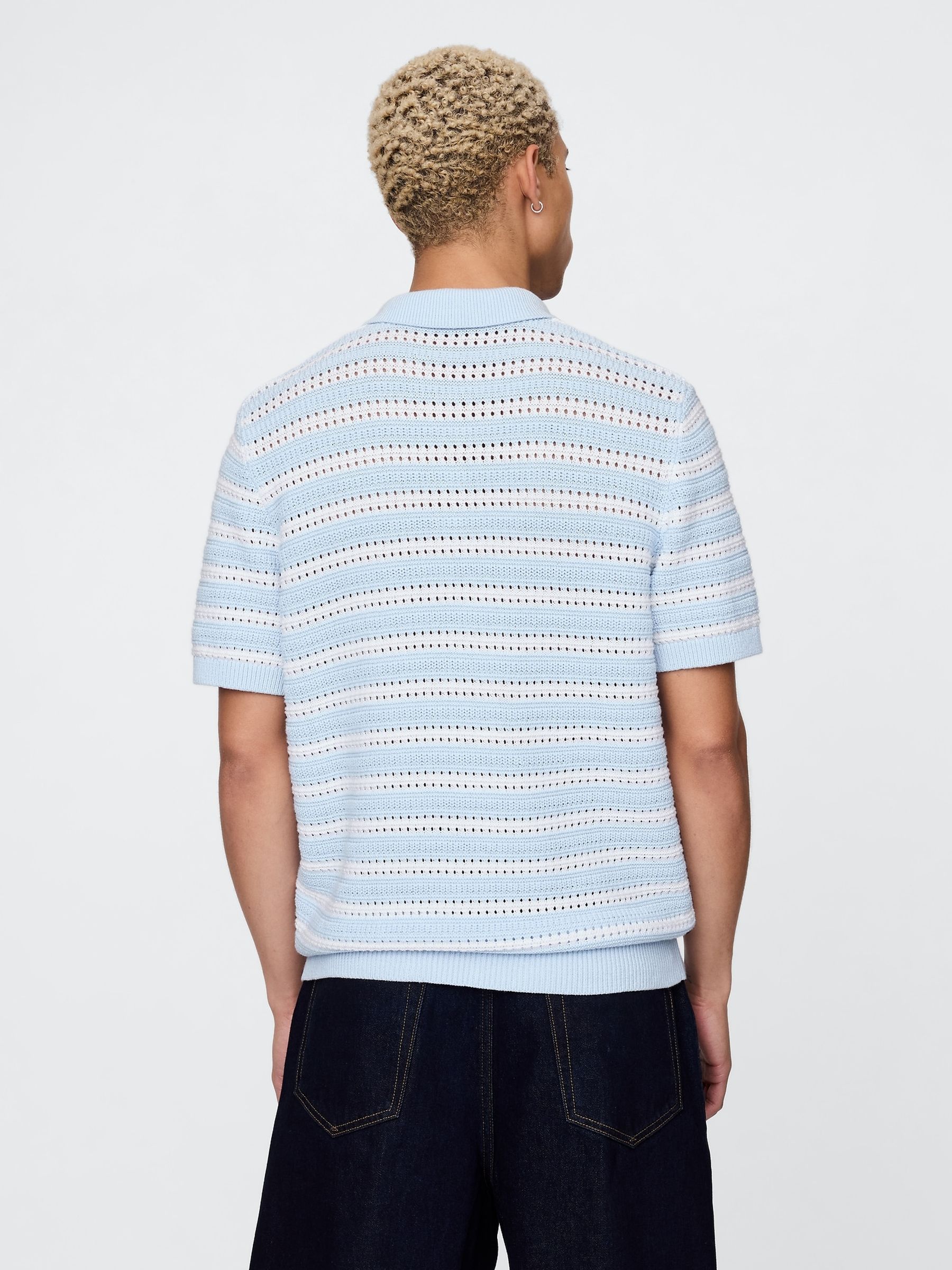 Blue Cotton Knit Striped Polo Shirt - Image 2 of 5