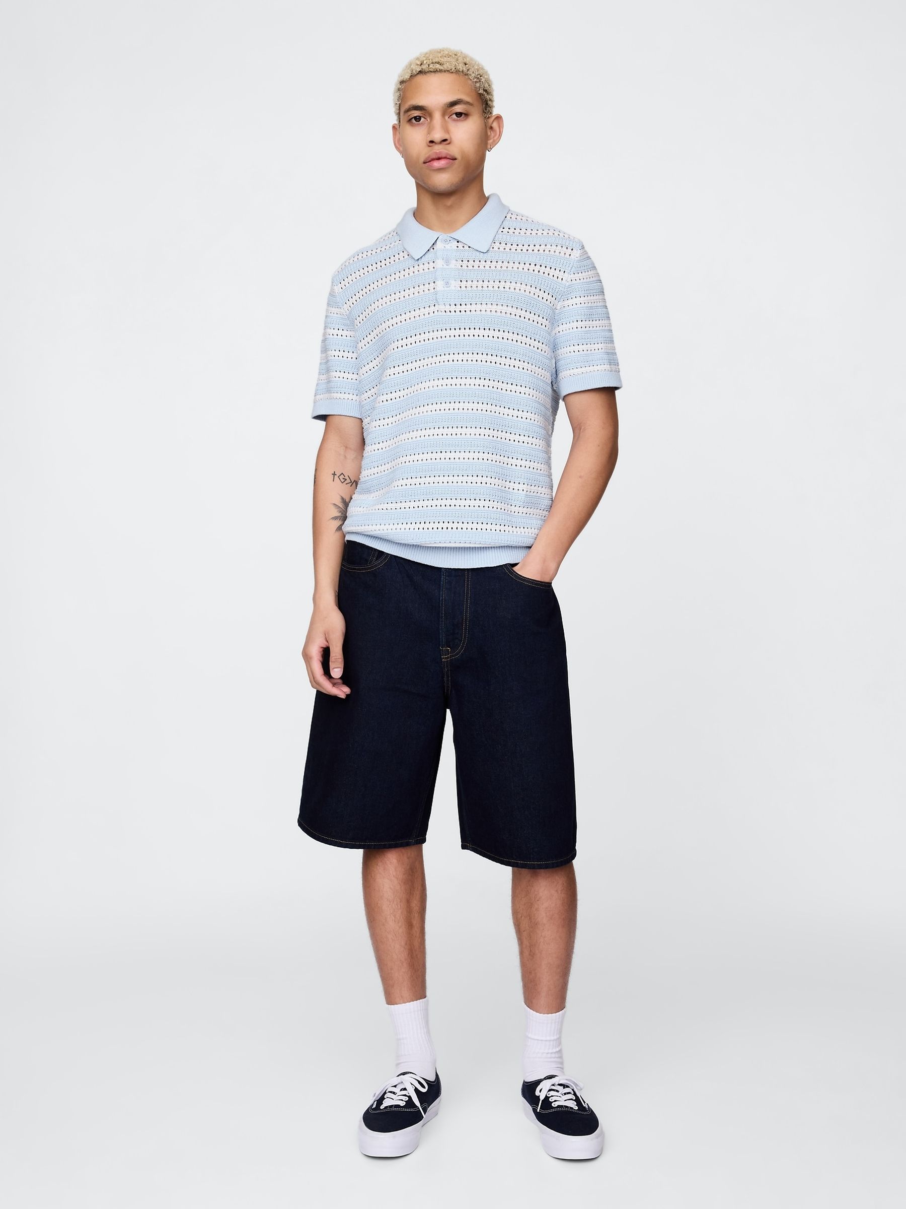 Blue Cotton Knit Striped Polo Shirt - Image 3 of 5
