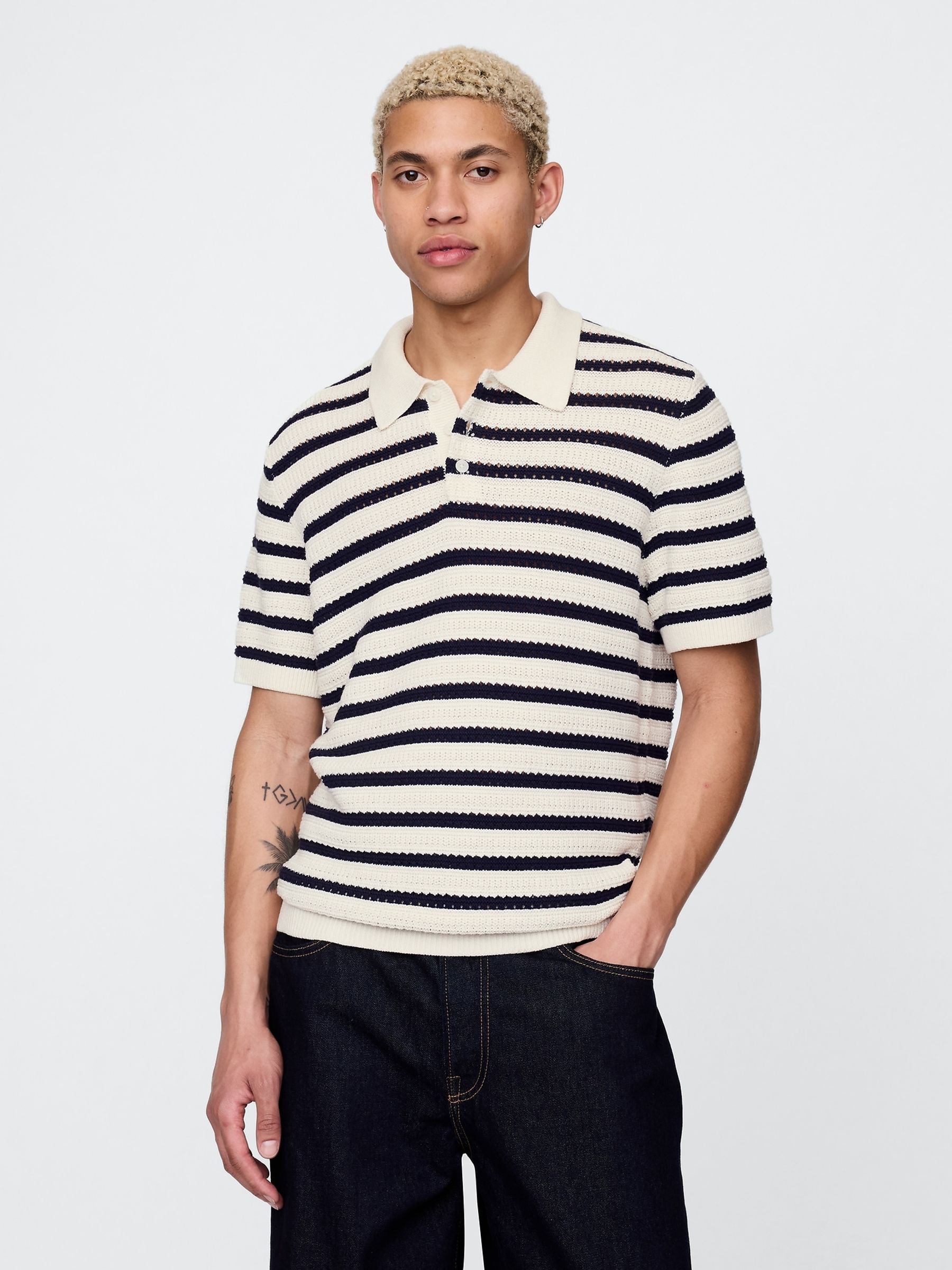 Cream Cotton Knit Striped Polo Shirt - Image 1 of 5