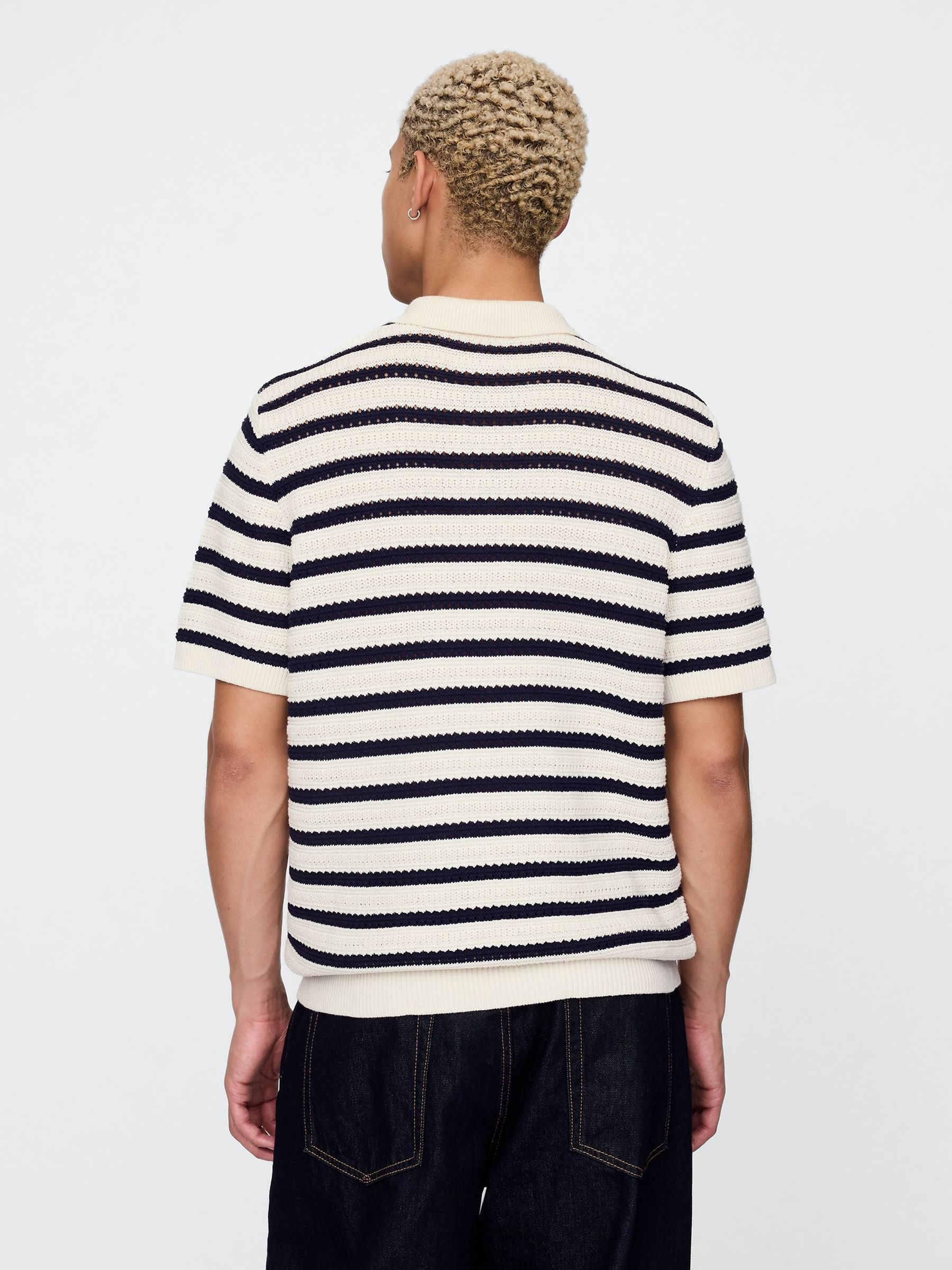 Cream Cotton Knit Striped Polo Shirt - Image 2 of 5