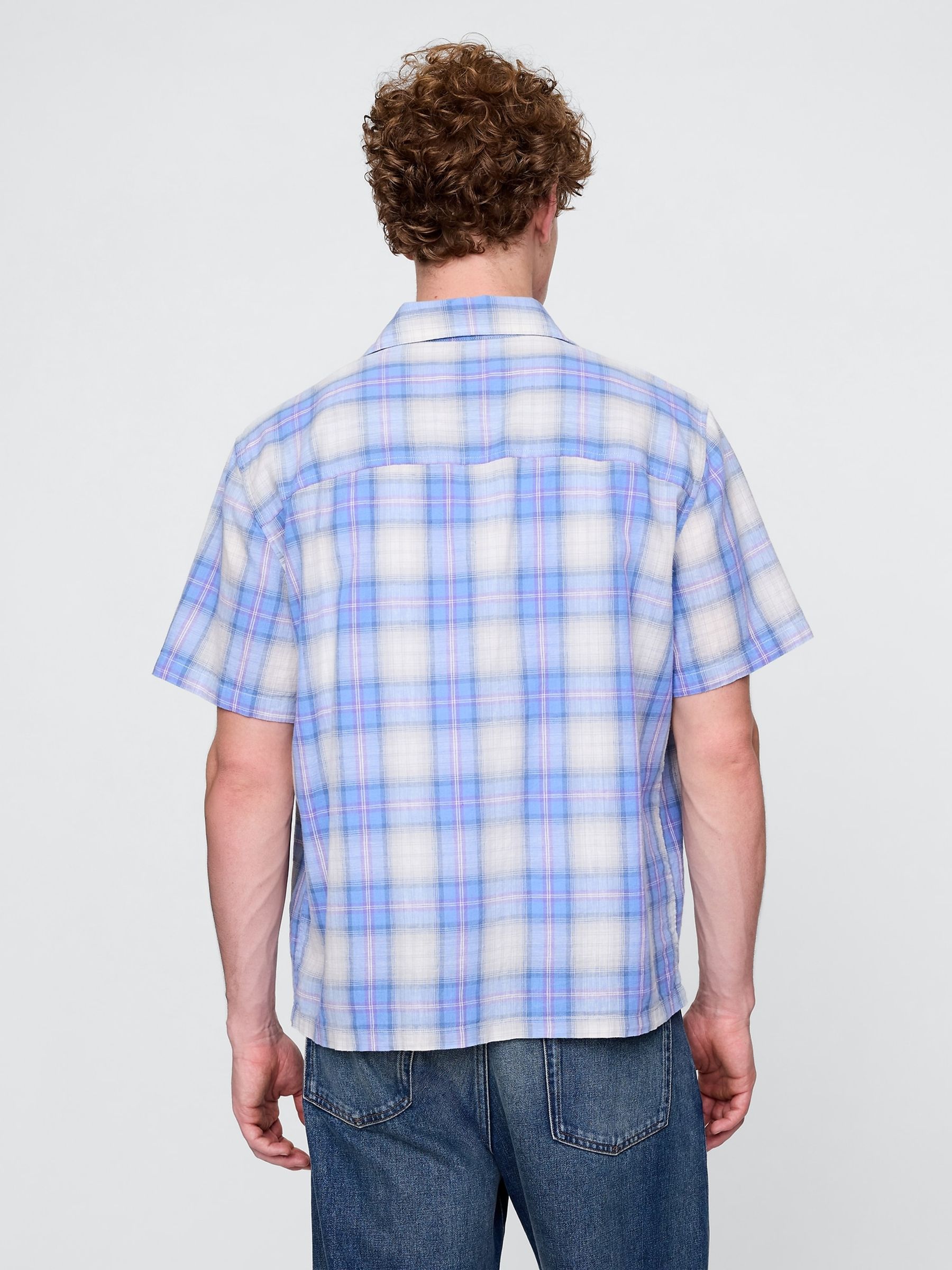 Blue Check Linen-Cotton Short Sleeve Shirt - Image 2 of 4