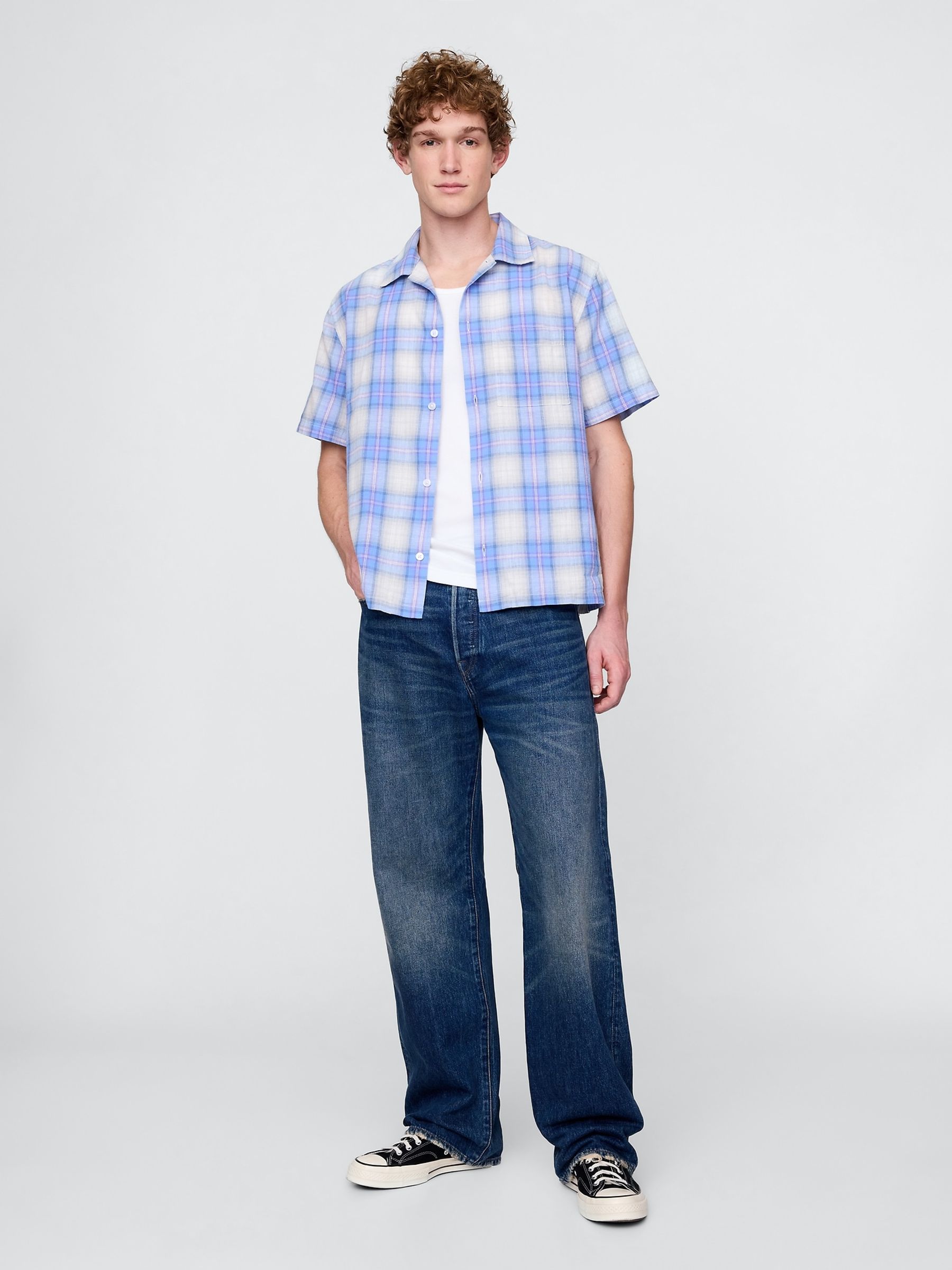 Blue Check Linen-Cotton Short Sleeve Shirt - Image 3 of 4