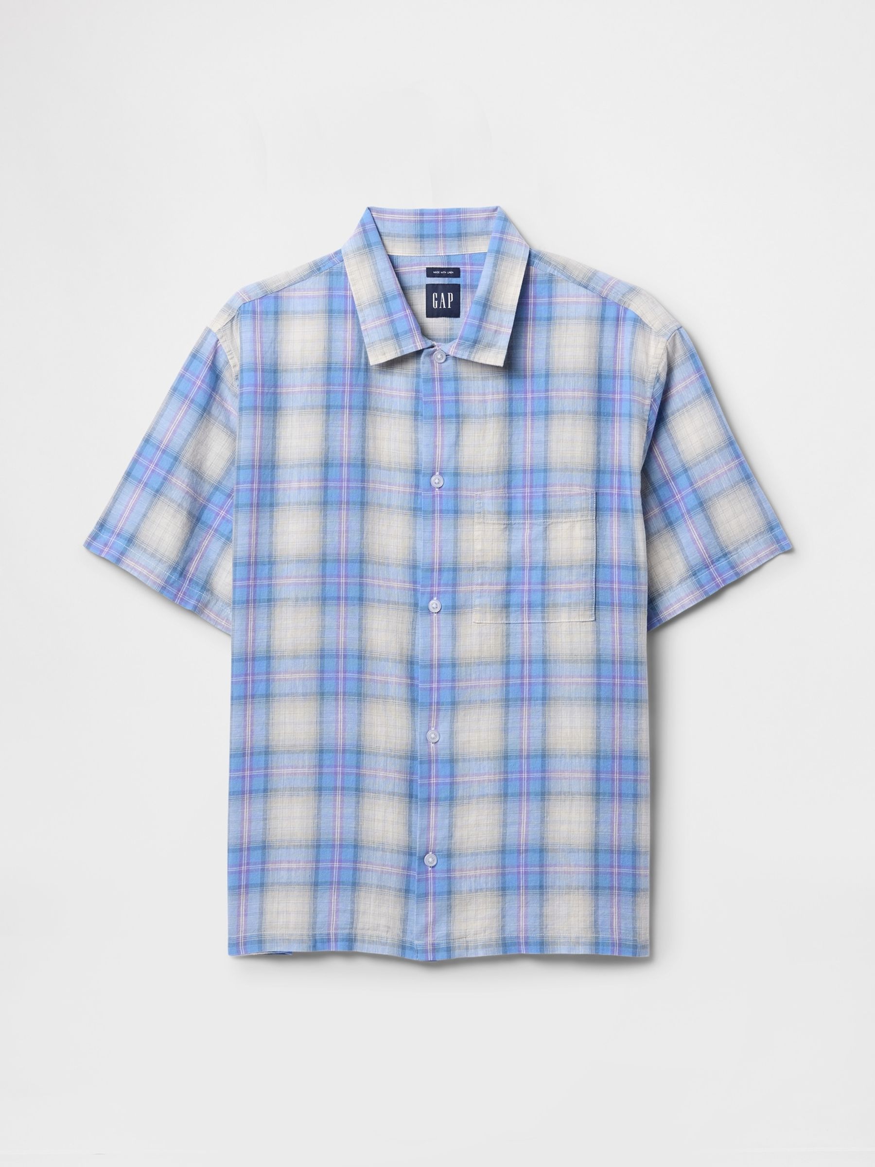 Blue Check Linen-Cotton Short Sleeve Shirt - Image 4 of 4