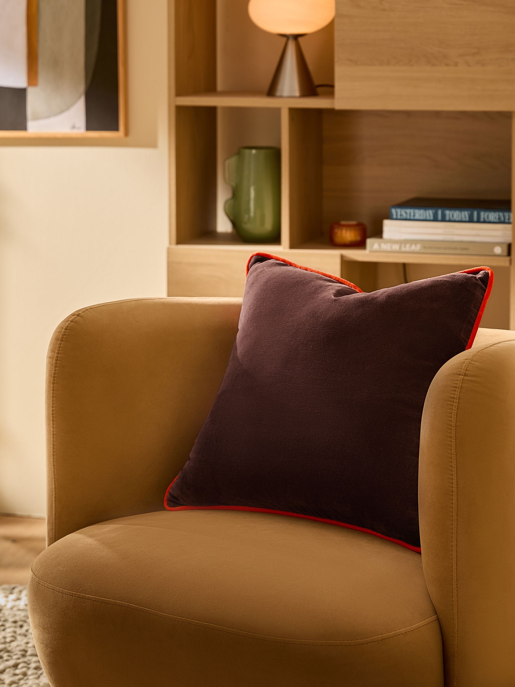 Bailey Cotton Velvet Piped Cushion in Chocolate Brown - Image 1 of 4