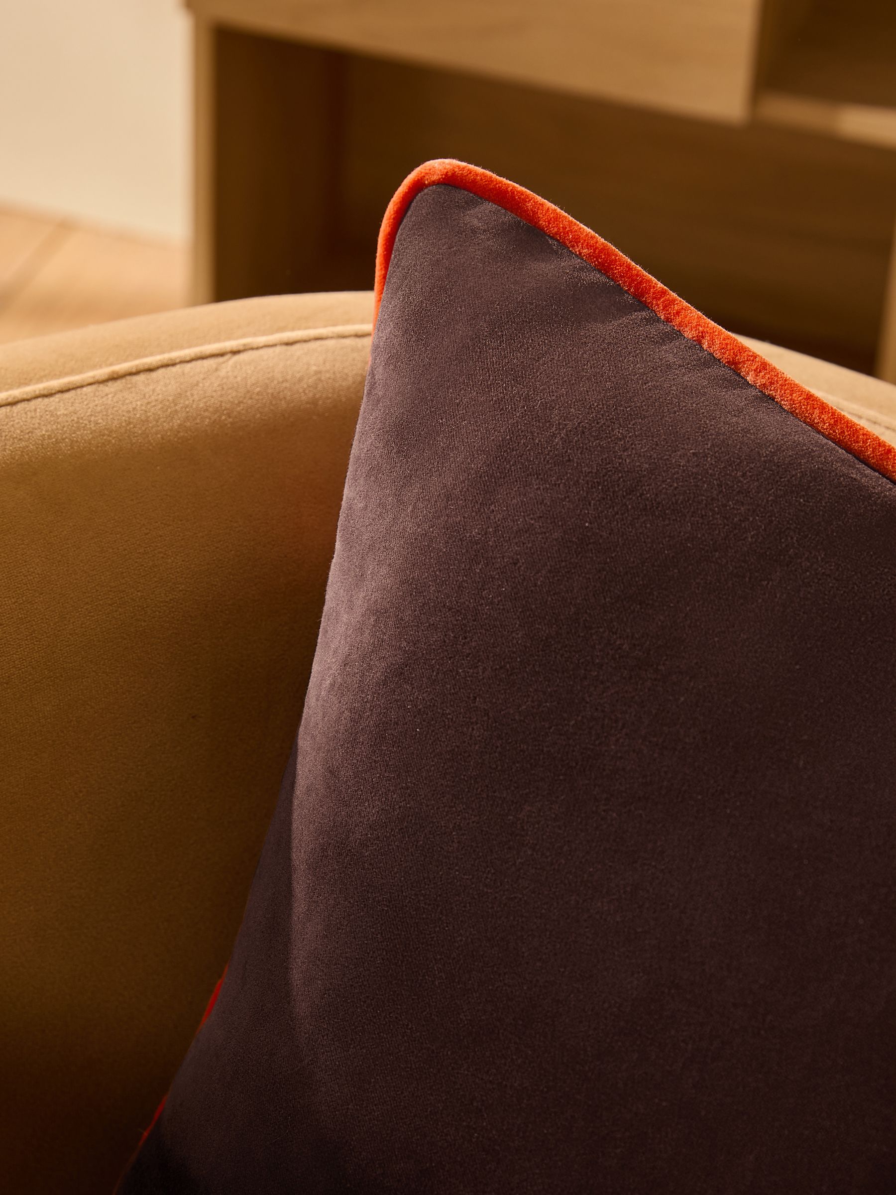 Bailey Cotton Velvet Piped Cushion in Chocolate Brown - Image 2 of 4