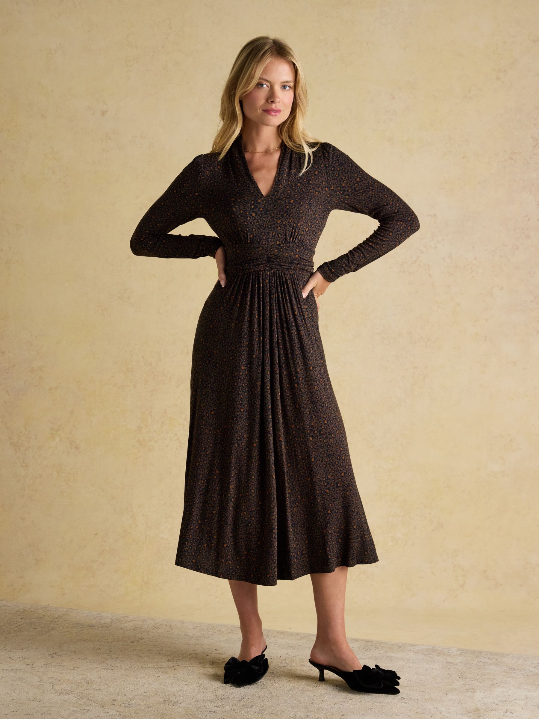 Mina Brown Jersey Ruched Waist Long Sleeve V-Neck Midi Dress - Image 1 of 7